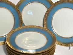 Ten Antique Limoges Turquoise Aqua Dinner Plates, Nice Gold Textured Band