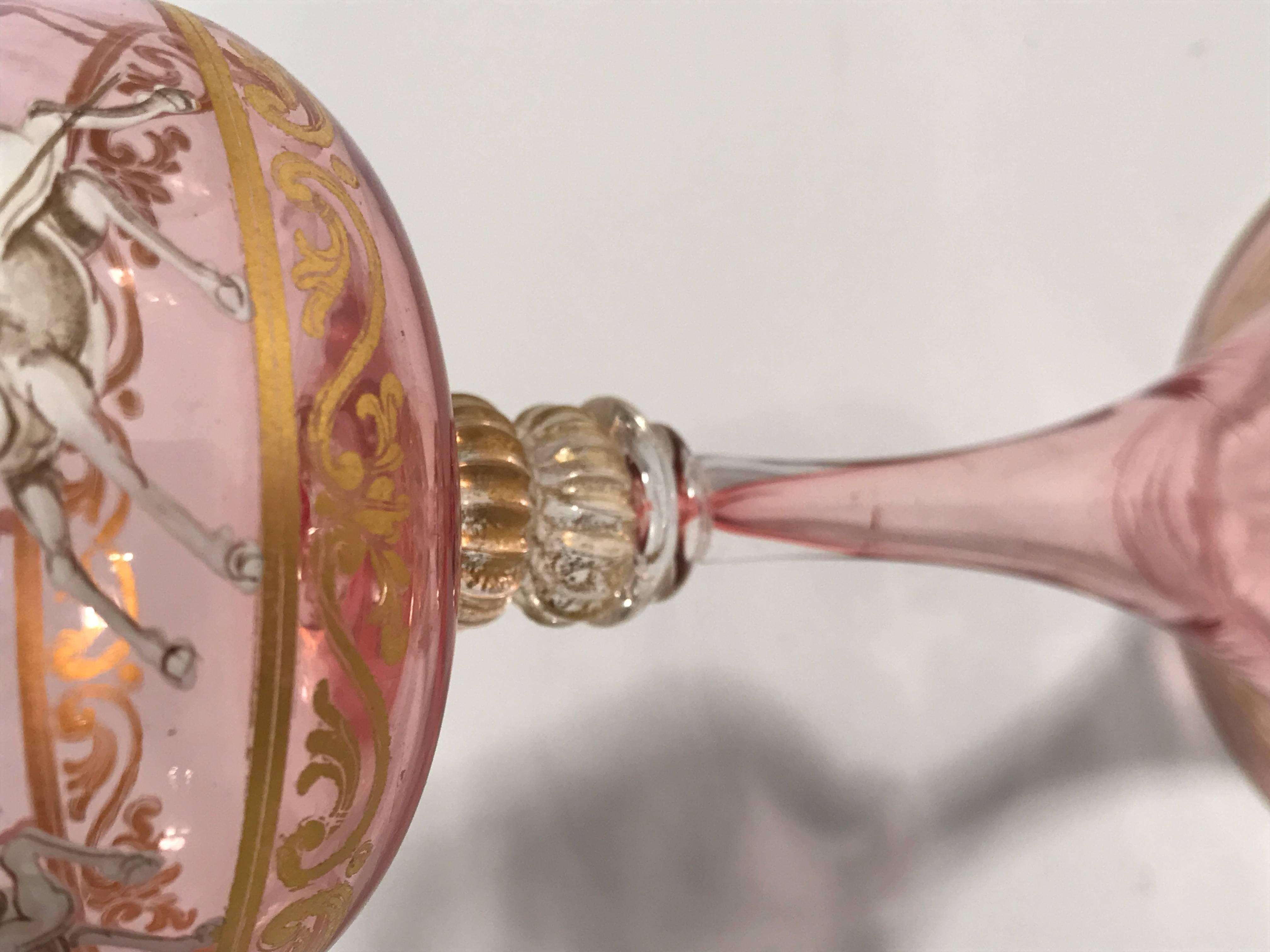 Early 20th Century 15 Tall Venetian Glass Goblets, Pink & Gold Antique with Hand Enameling 