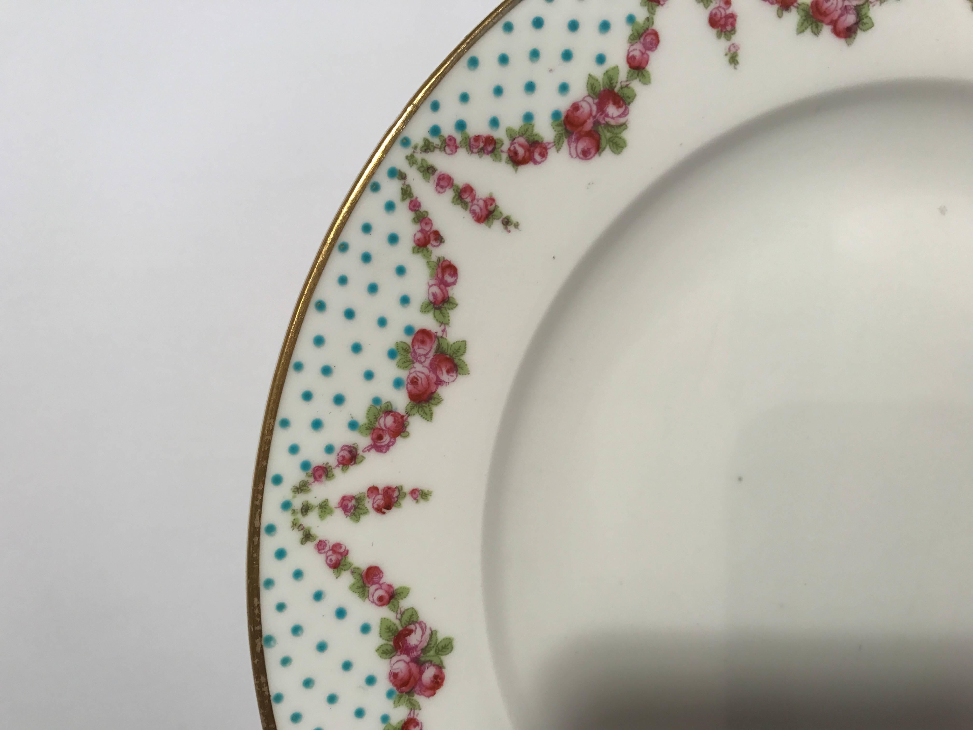 Six Antique English Turquoise Jeweled Hand-Painted Roses Dinner Plates In Good Condition In West Palm Beach, FL