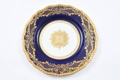 12 Stunning Cobalt Blue Gilt Encrusted Dinner or Presentation Plates, Medallion