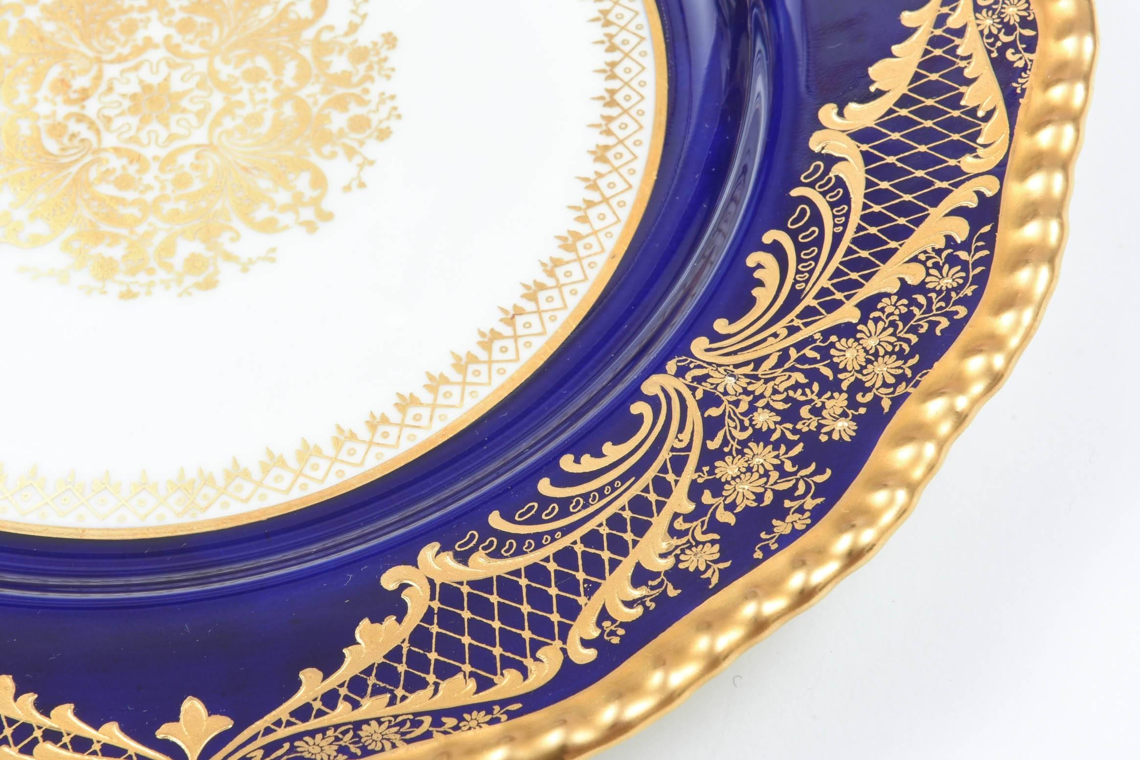 English 12 Stunning Cobalt Blue Gilt Encrusted Dinner or Presentation Plates, Medallion