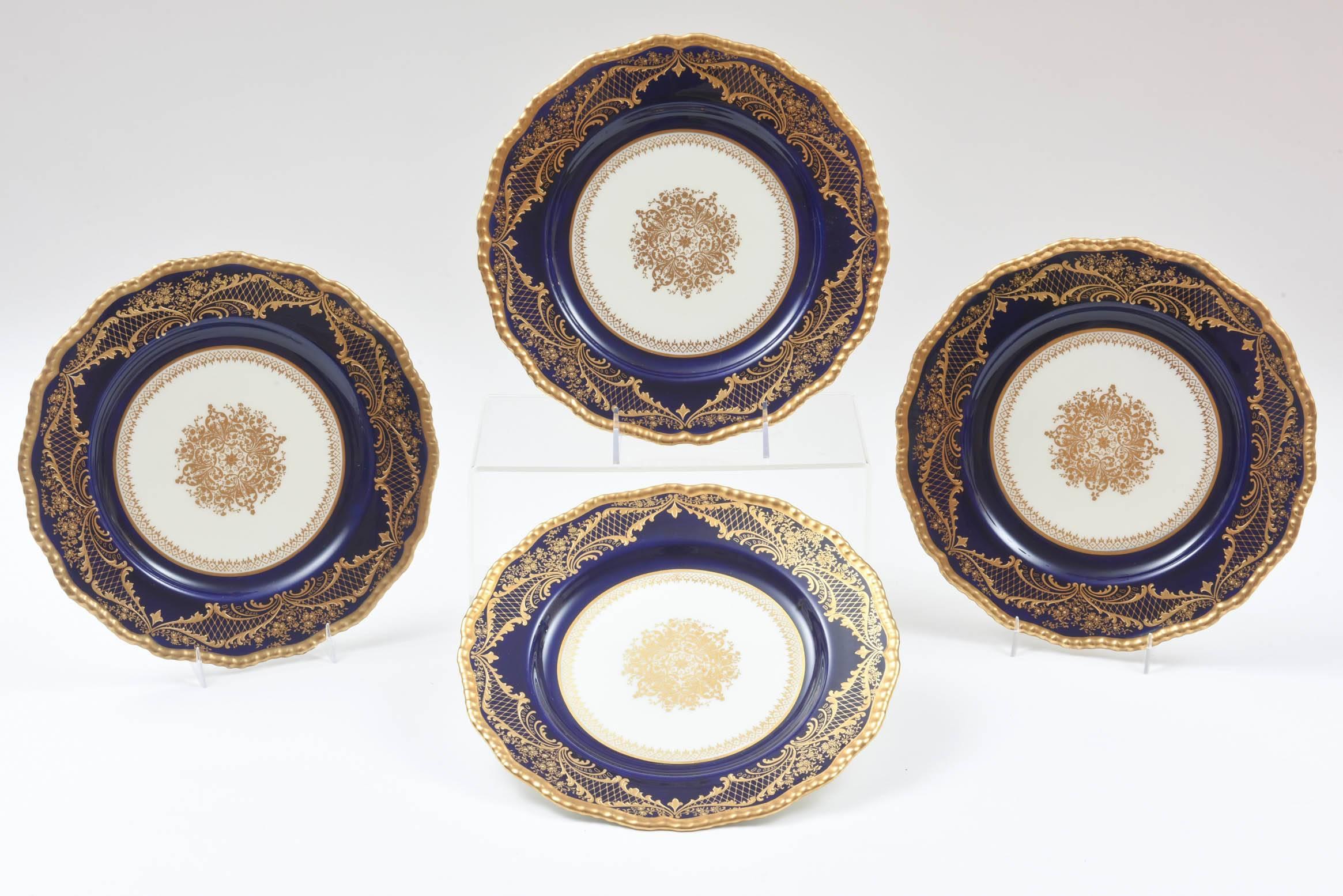 Gold 12 Stunning Cobalt Blue Gilt Encrusted Dinner or Presentation Plates, Medallion