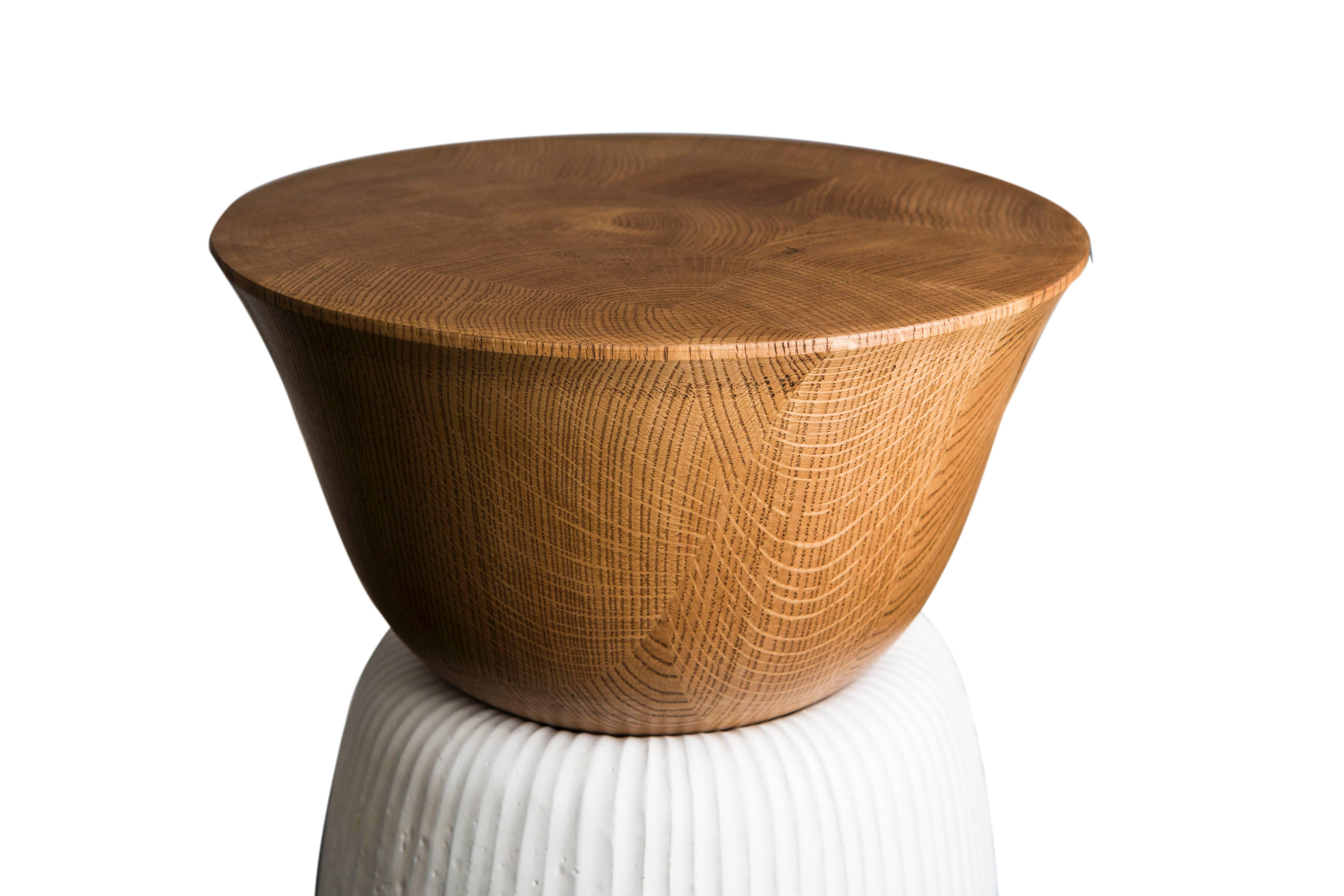 Side table, base in white enameled sandstone, the top in turned-wood.

French work made and designed by Emmanuel Levet Stenne, designer, and Isabelle Sicart, ceramist. Edition of 24, May 2014.