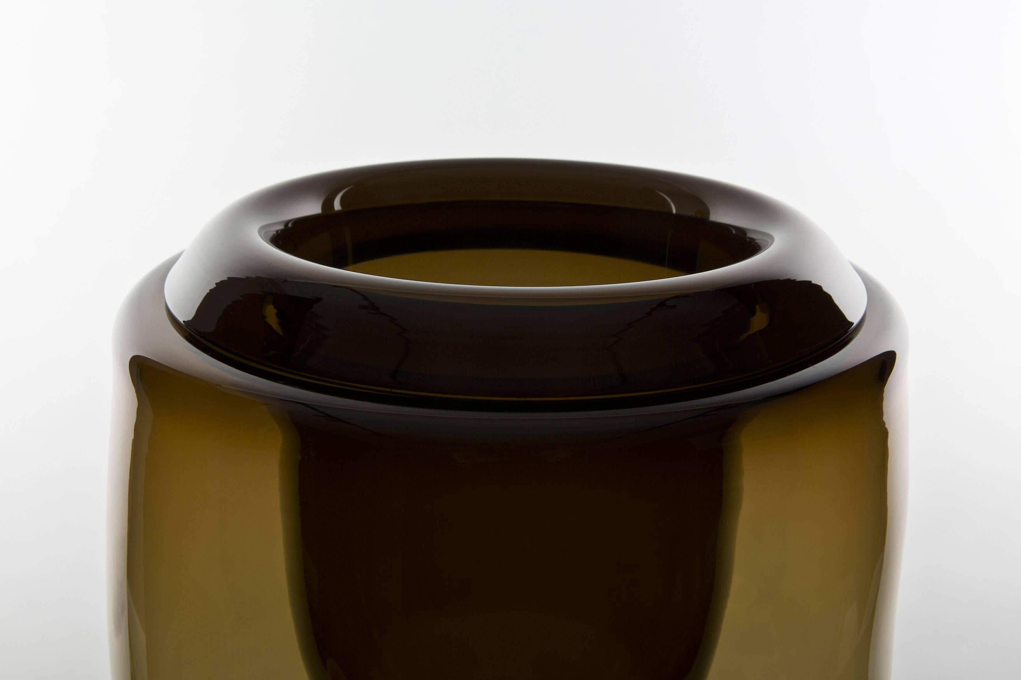 Handblown, transparent brown vase entitled "Void" by glass artist Jeremy Maxwell Wintrebert, 2013.
Unique piece, signed.