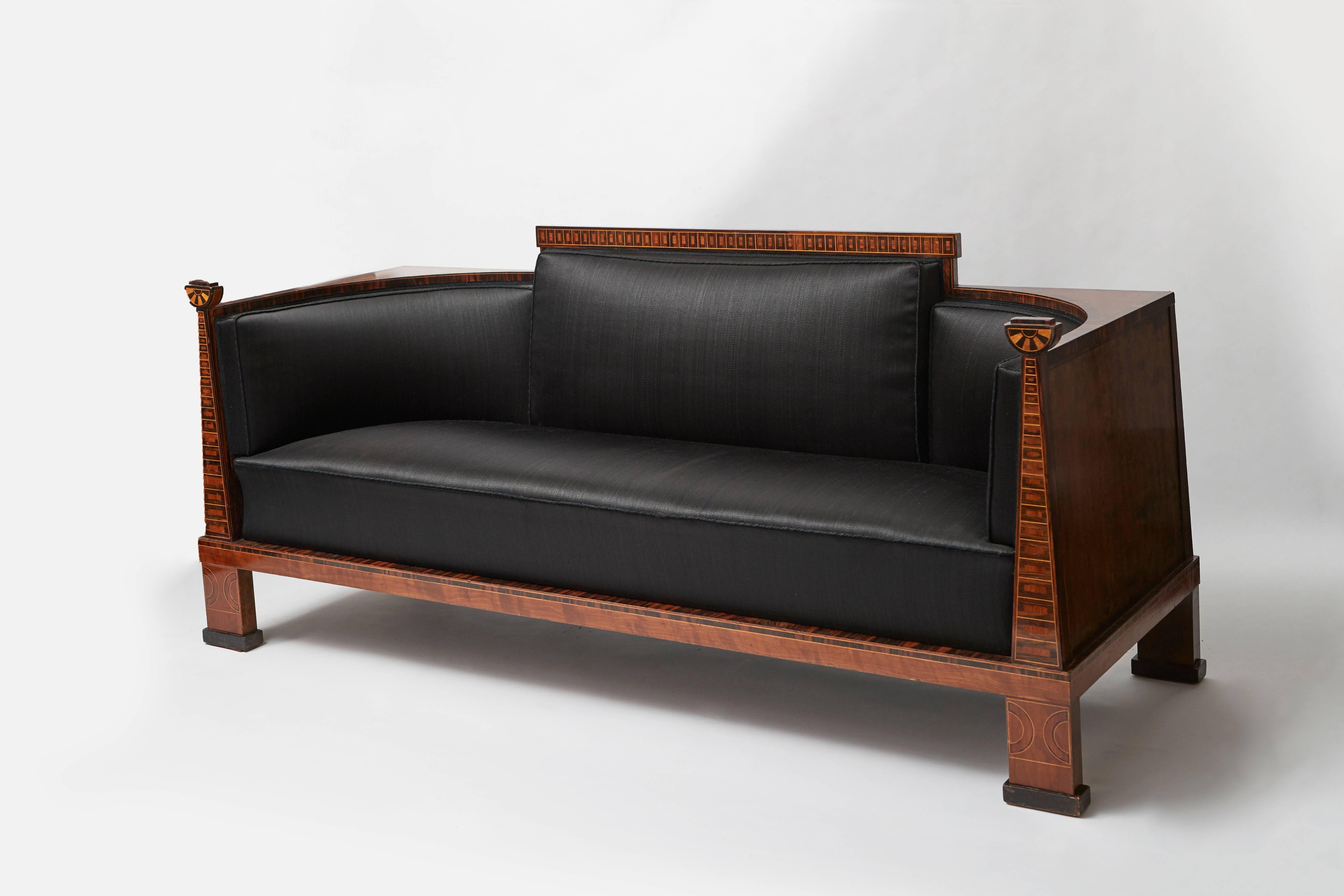 ”Swedish Grace” sofa. Wood marquetry and original horse hair fabric.
Swedish work, circa 1930.
  