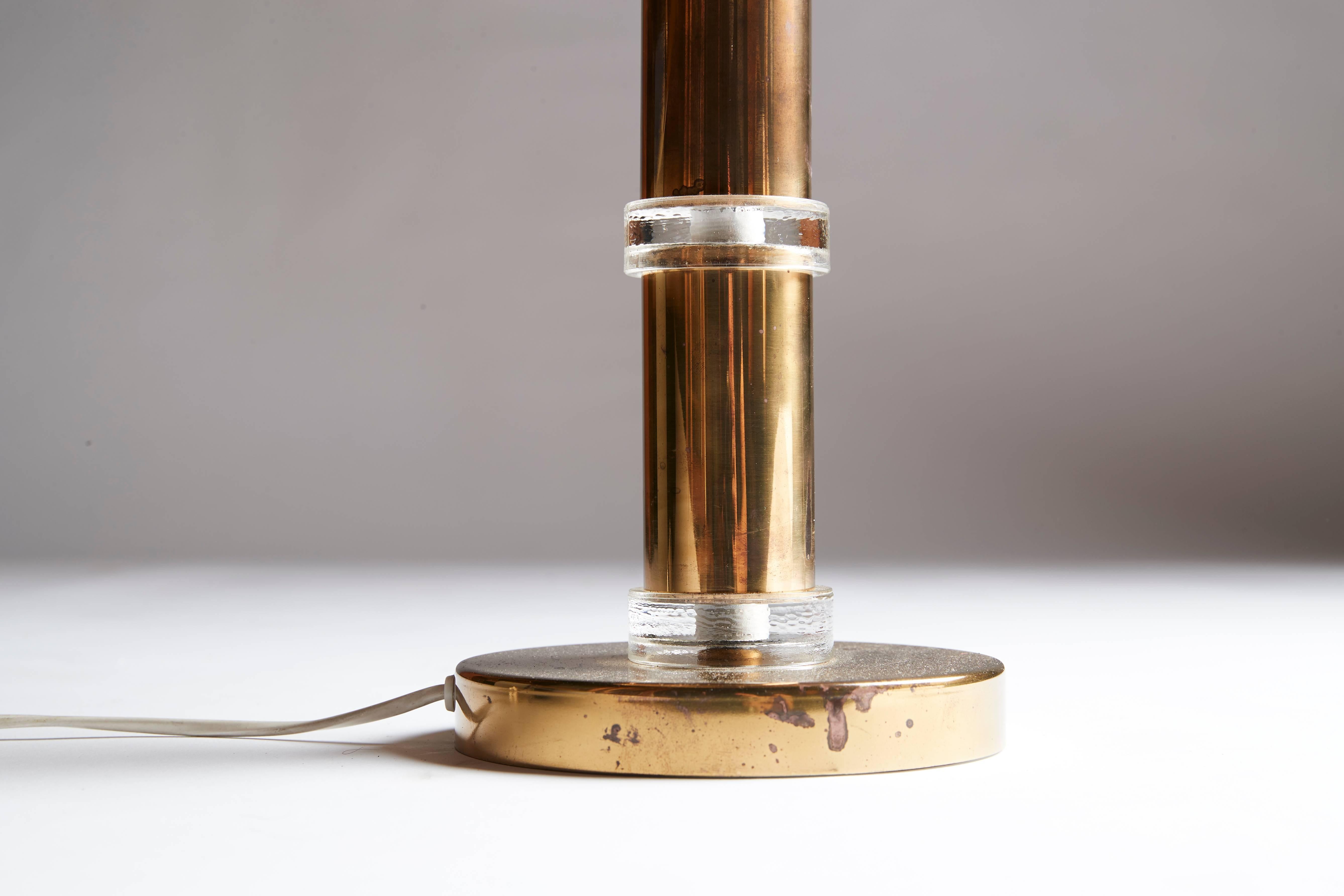 Brass and glass table lamp. New shade.
Swedish work dating from the 1960s.