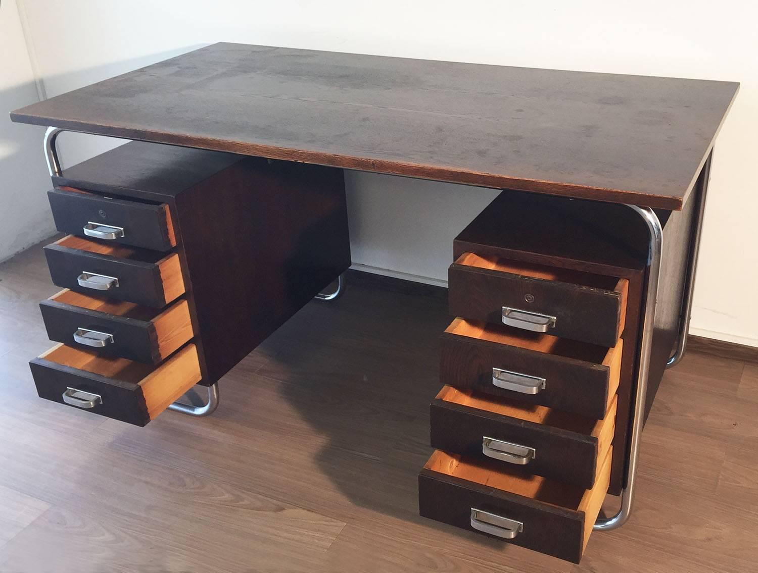 Czech Chromed Steel and Tinted Beech Bauhaus Desk by Petr Vichr for Kovona, 1930s For Sale