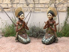 Spectacular Painted Teak Sculptures, Bali, Late 20th Century, Set of Two