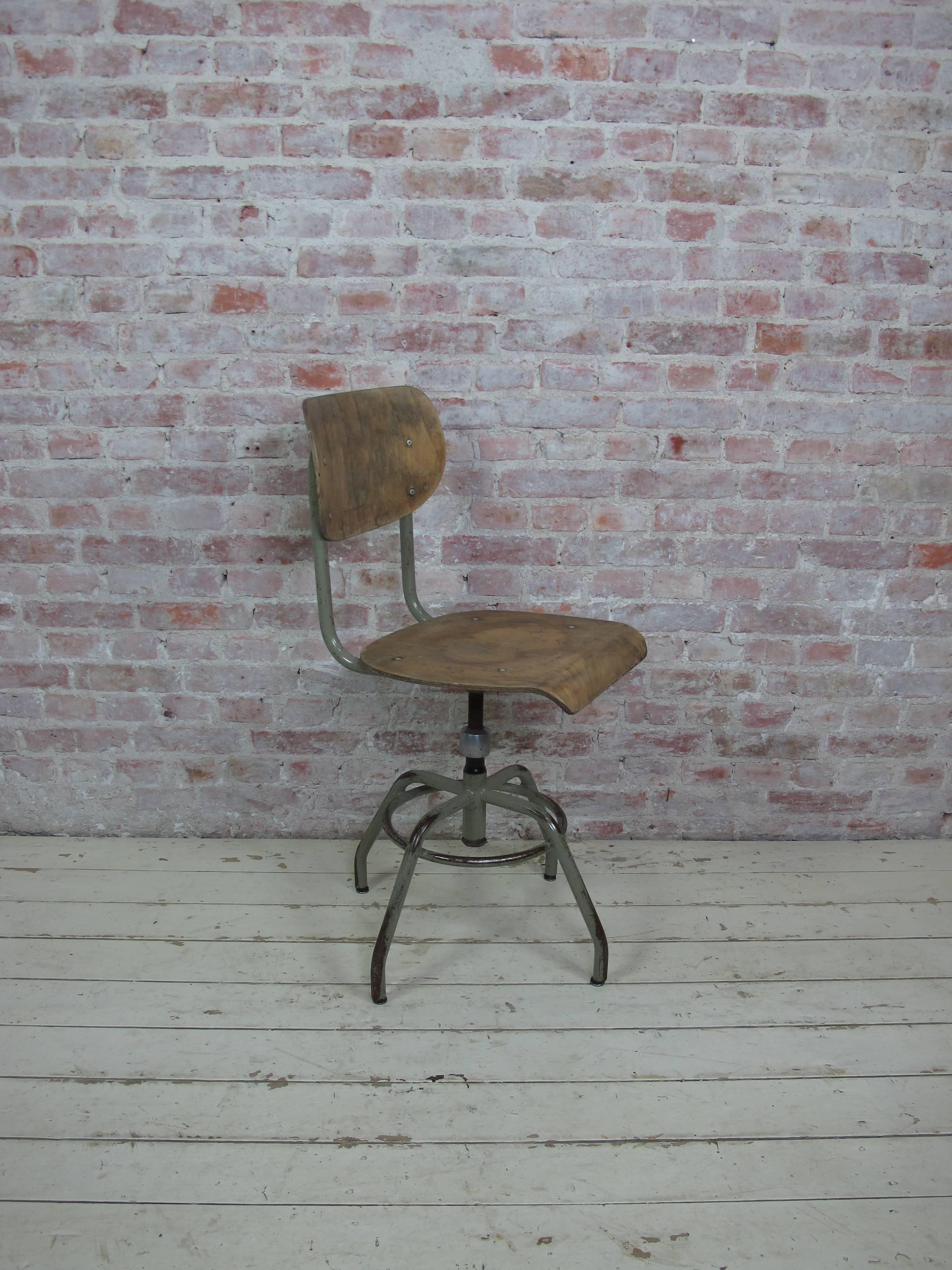 Unique Industrial pivot stools by the Belgian brand Tubax. Produced between 1973 and 1981. Seat height adjustable up to 58 cm. There are four stools available.