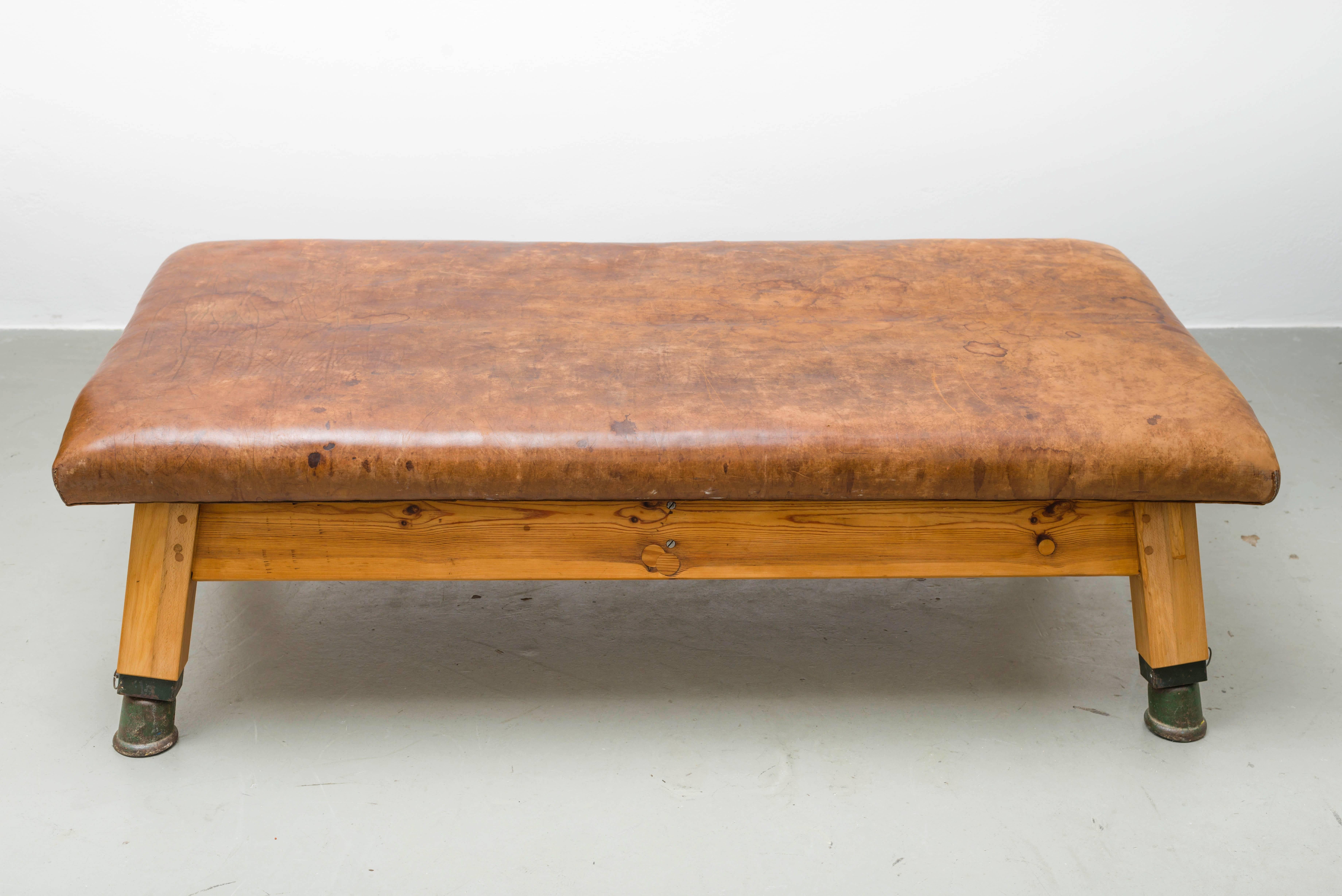 This leather gym bench was made in former Czechoslovakia in the 1930s.
Excellent vintage condition.
