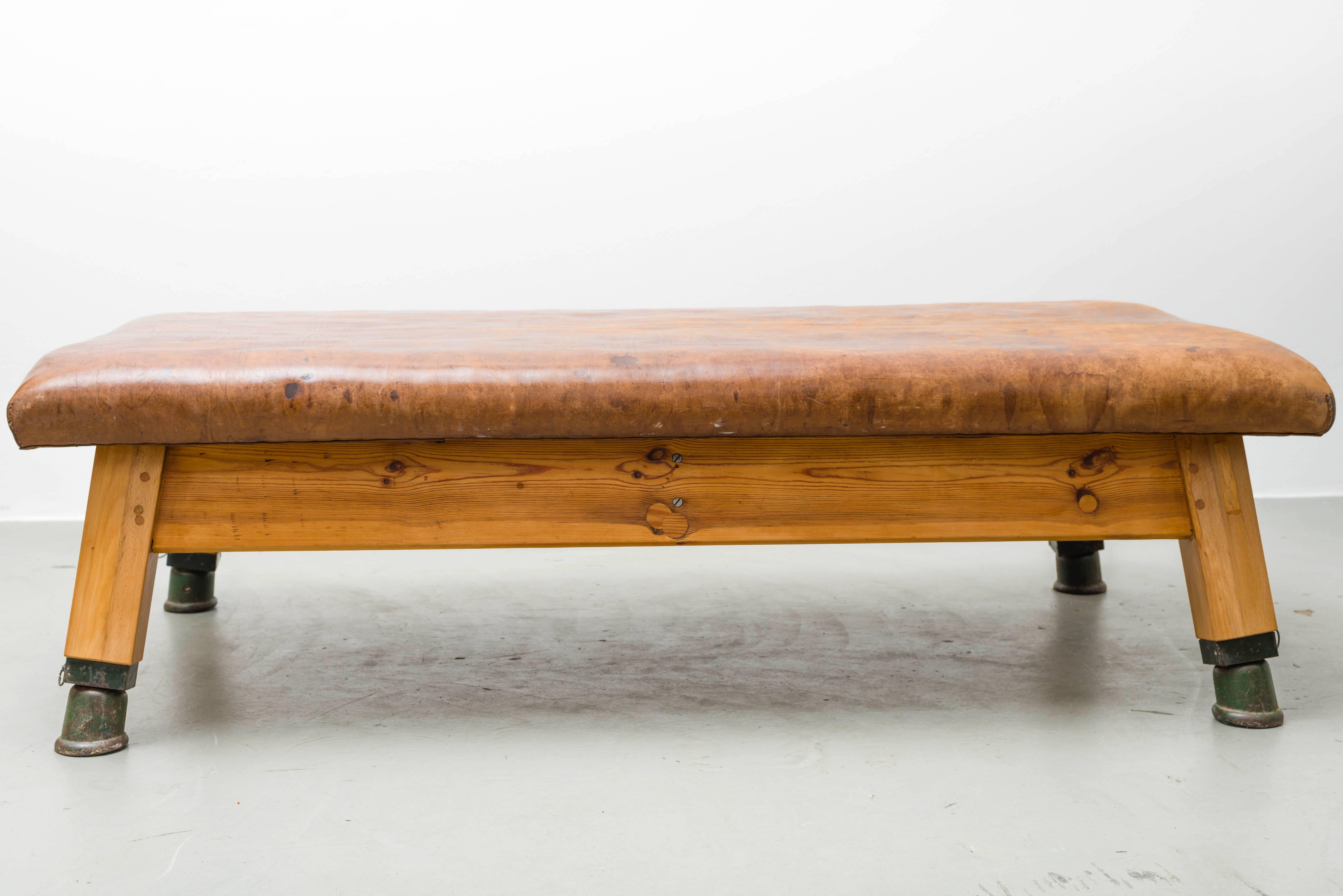 Mid-Century Modern Leather and Wood Gym Bench from the 1930s
