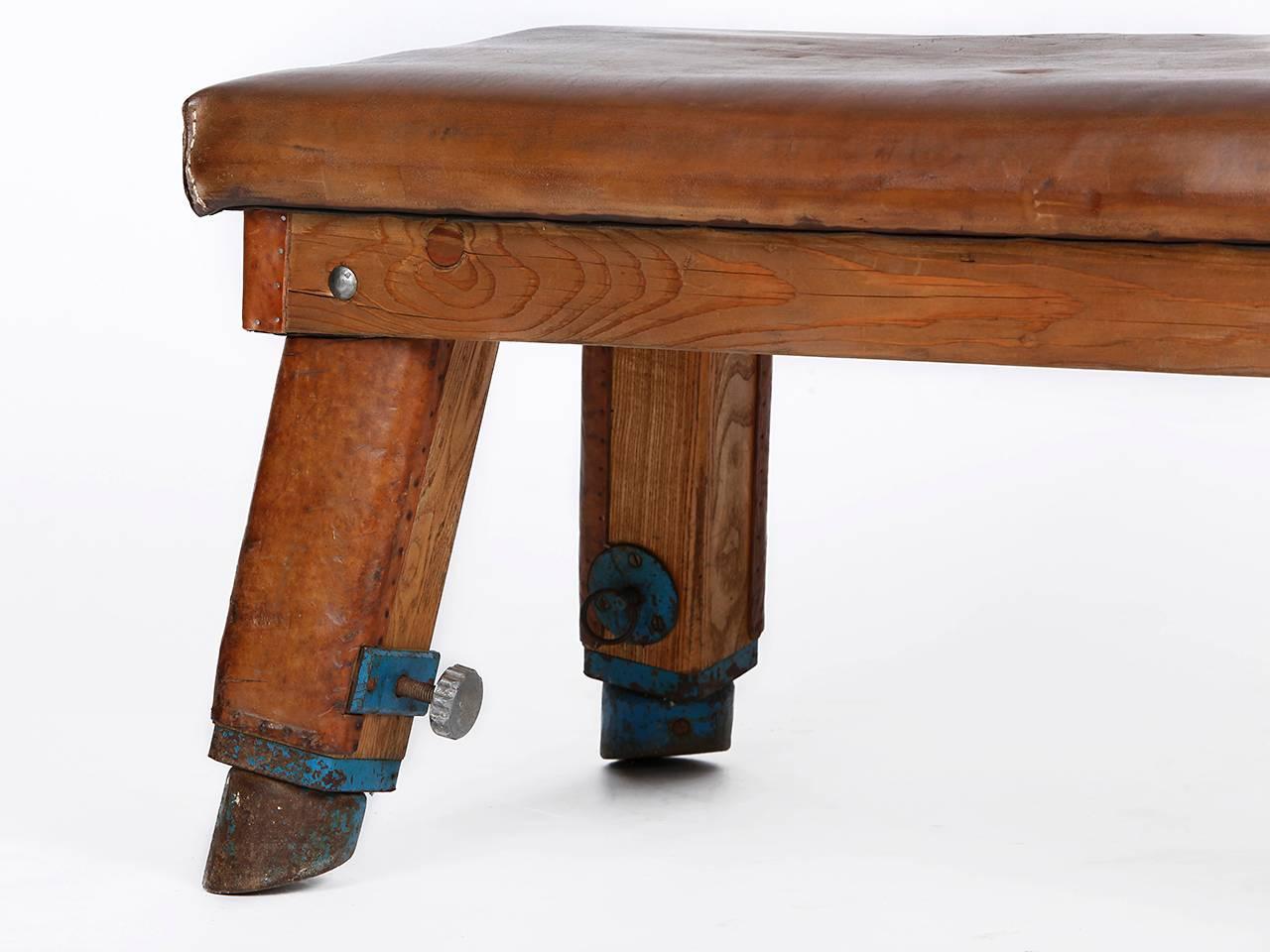 Czech Leather and Wood Gym Bench from the 1930s 2