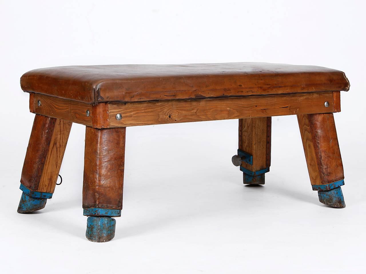 Mid-Century Modern Czech Leather and Wood Gym Bench from the 1930s