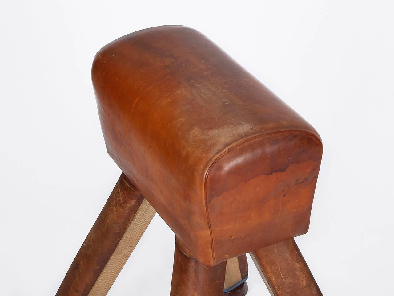 Mid-Century Modern Leather and Wood Vaulting Horse from the 1930s For Sale