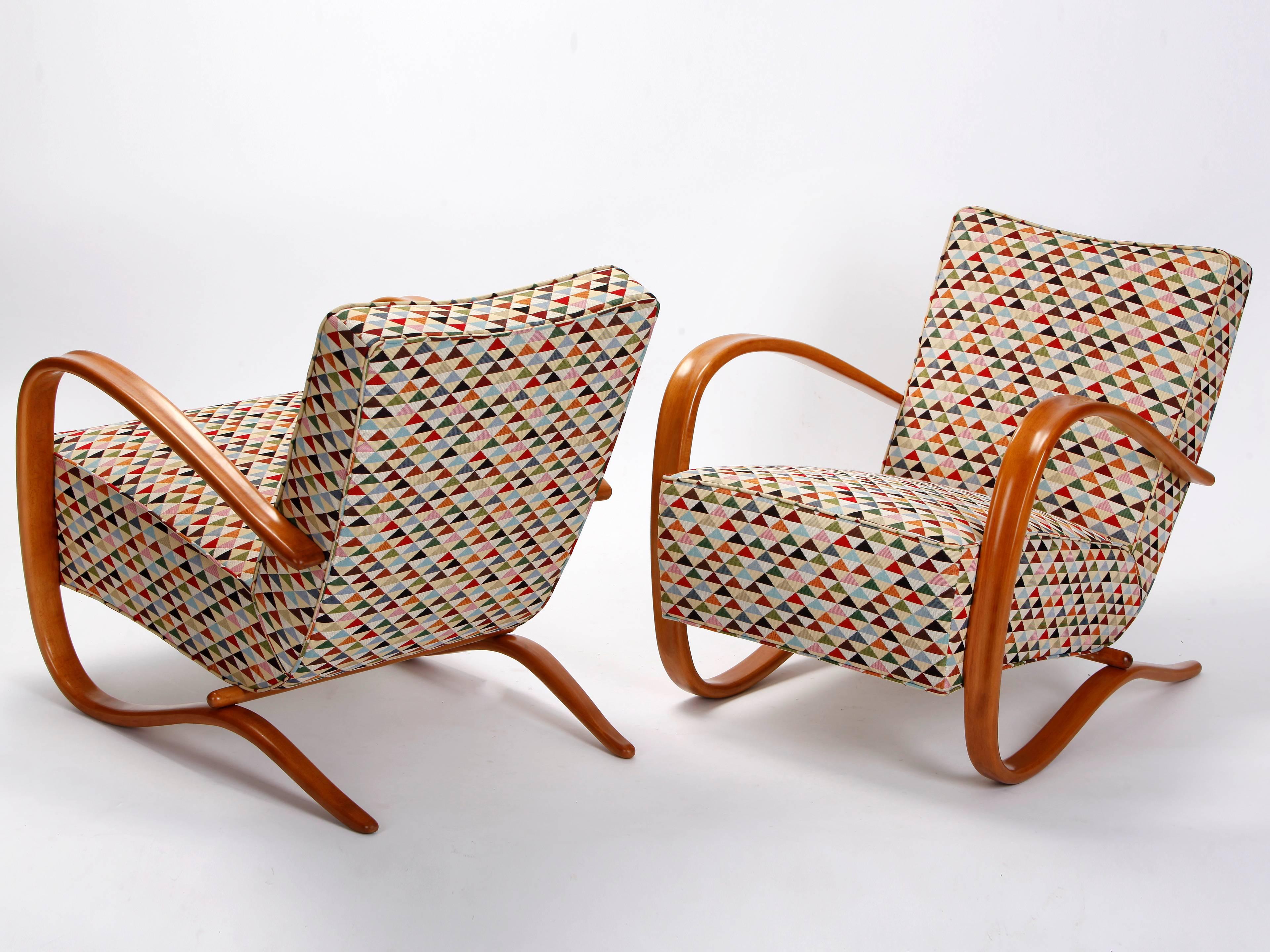 Art Deco Two Streamline Lounge Chairs H-269 by Jindrich Halabala for Up Zavody