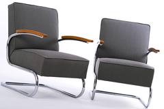 Tubular Steel Lounge Chairs with De Ploeg Fabric, Set of Two