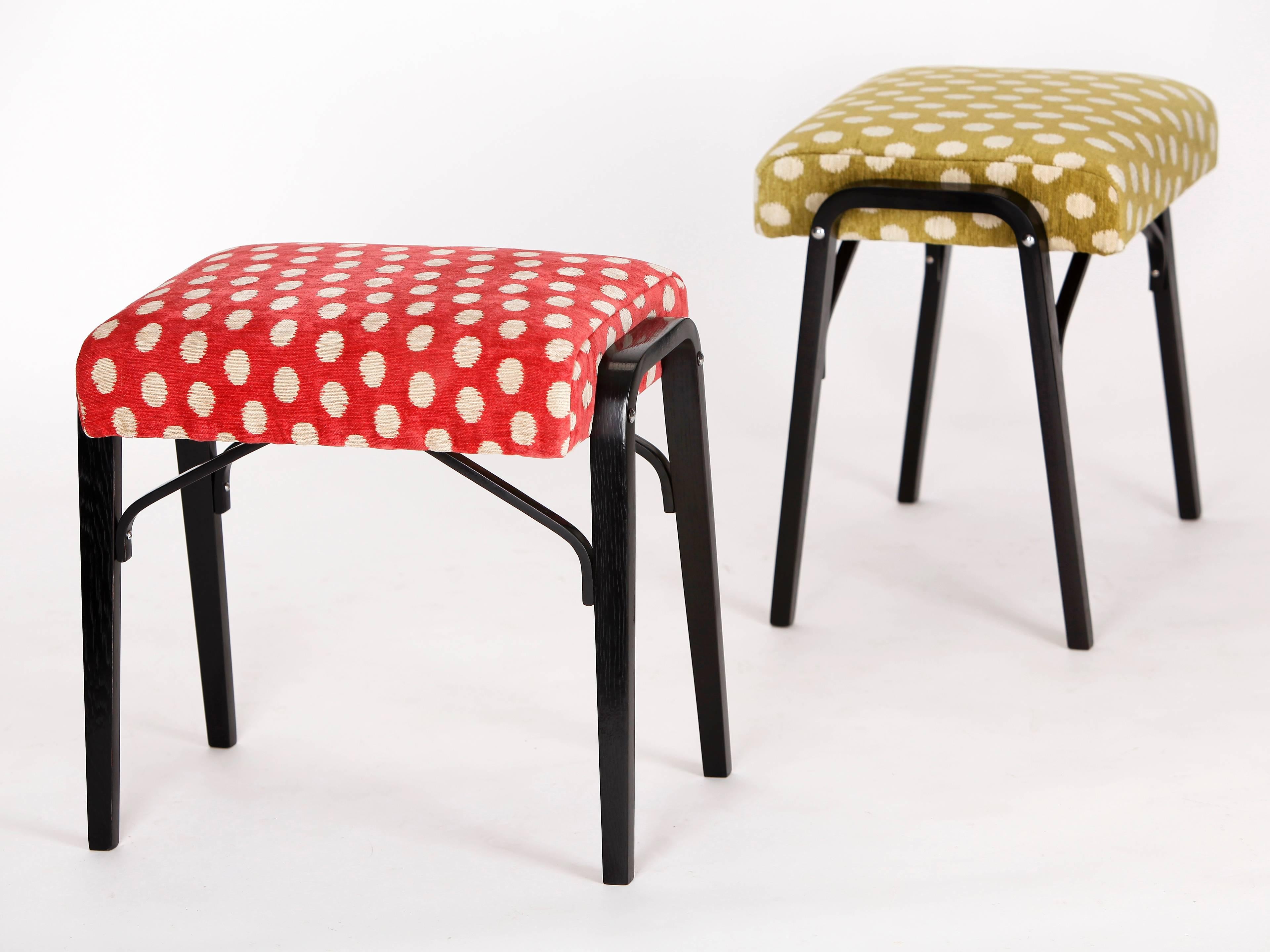 This pair of stools were designed and produced in the Czech Republic during the 1960s. They are made of newly painted bentwood. The upholstery is made from wool and the textile for the seats comes from the brand Colefax and Fowler.