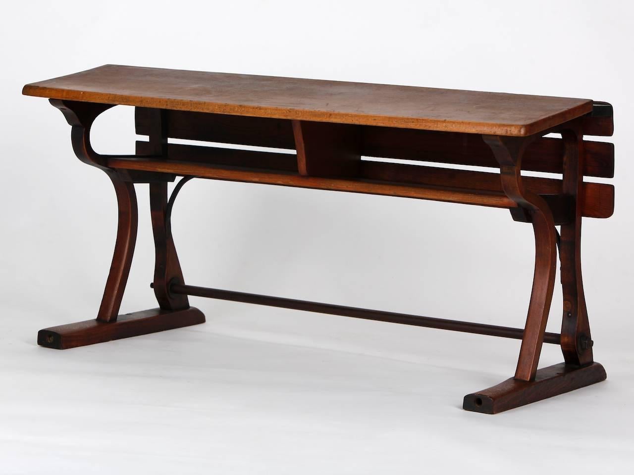 These two similar school benches are from a school in the former Czechoslovakia. The pieces were produced by D. G. Fischel & Sons in Mimon between 1890 and 1930 and are in a very good restored condition. The small desk measures 58 cm tall and 57 cm