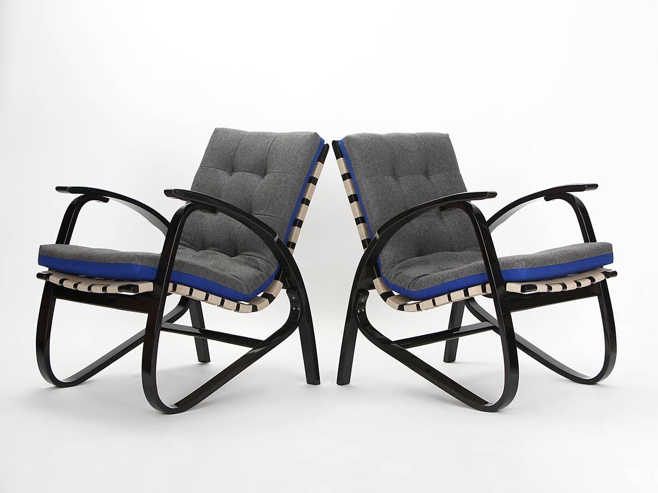 Mid-Century Modern Blue and Grey Armchairs by Jan Vanek, 1935, Set of Two For Sale