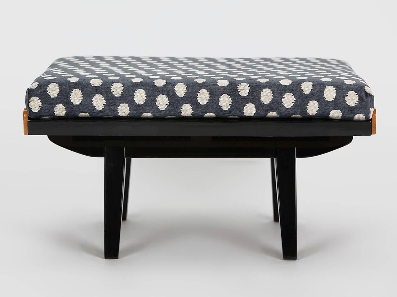 Coffee table from Tatra Pravenec, Tschechoslowakei, 1960s, full restored
Originally designed as a low side table.
Can also be used as a footstool with a coconut fiber and sheepwool cushion.
Surface black piano lacquer and birch veneer