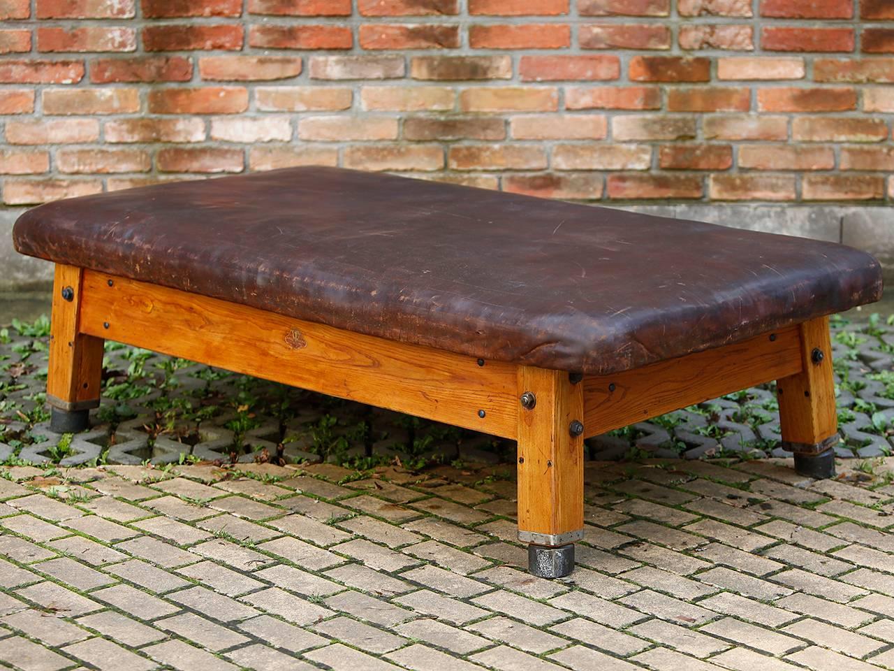 Industrial Large Gymnastics Leather Bench, 1930s