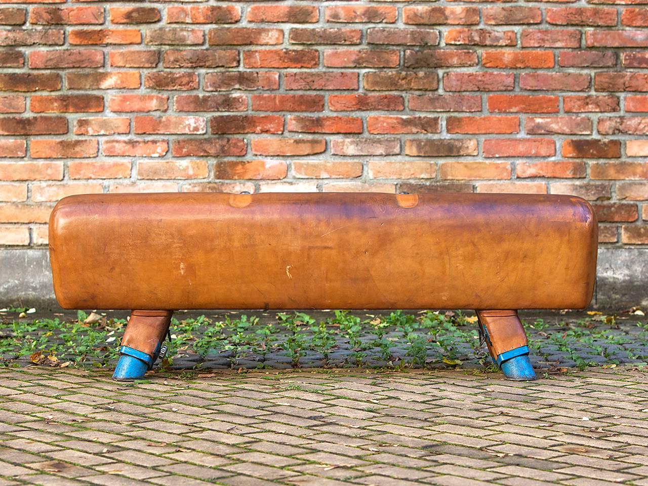 Pommel horse from former Czechoslovakia.
The legs were cut to a height of 55cm. The handles can be removed for comfortable seating. The wooden handles were restored. The thick leather has been cleaned and the patina was retained.
         