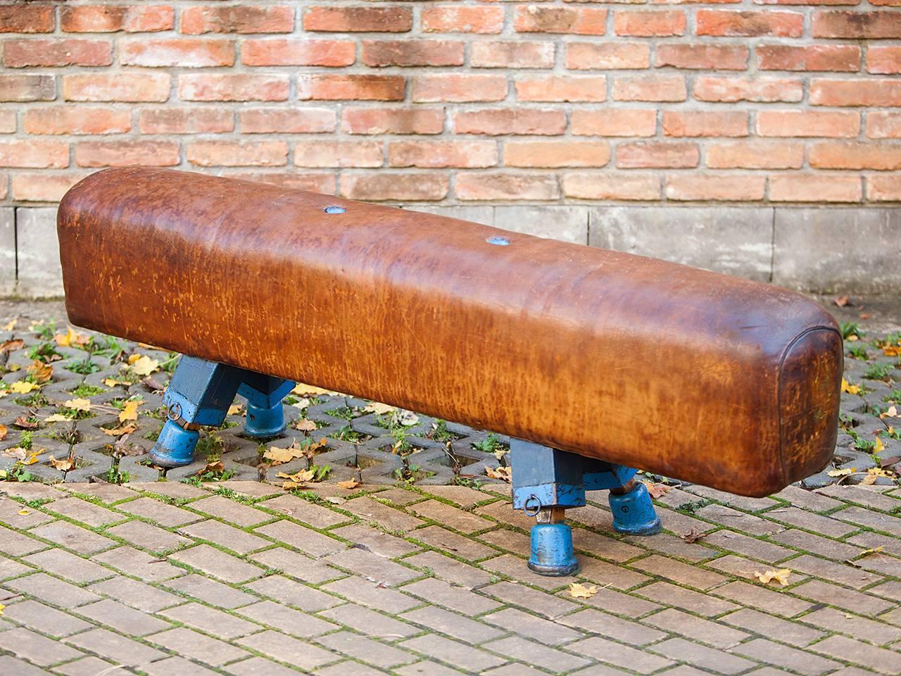 Pommel horse from former Czechoslovakia. The legs were cut to a height of 55cm. The thick leather has been cleaned and the patina was retained.
    