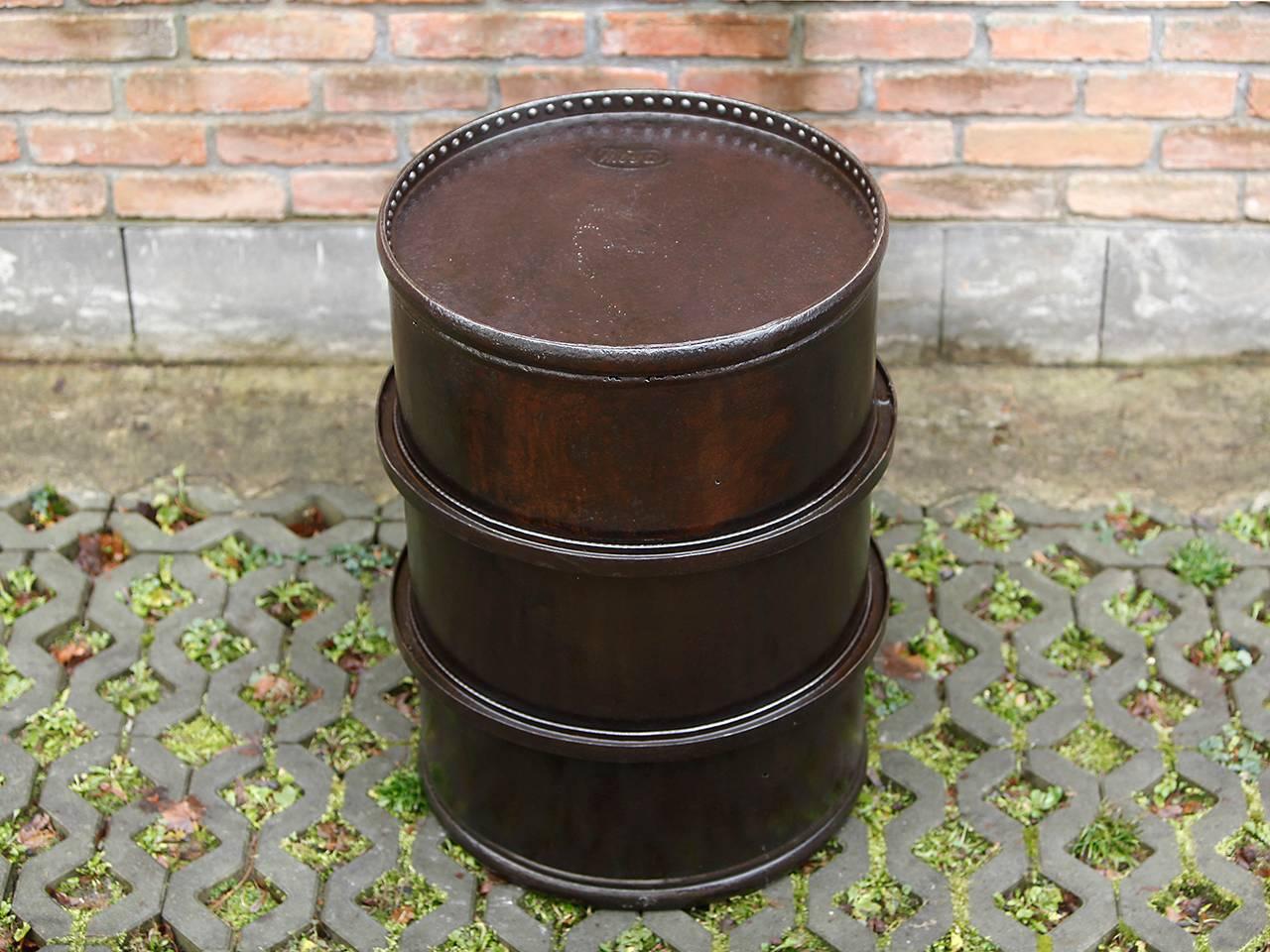 Former iron container from World War II. Produced by the Czechoslovak company Meva in the 1940s. Cleaned and repainted, it serves today as a bar table.
 