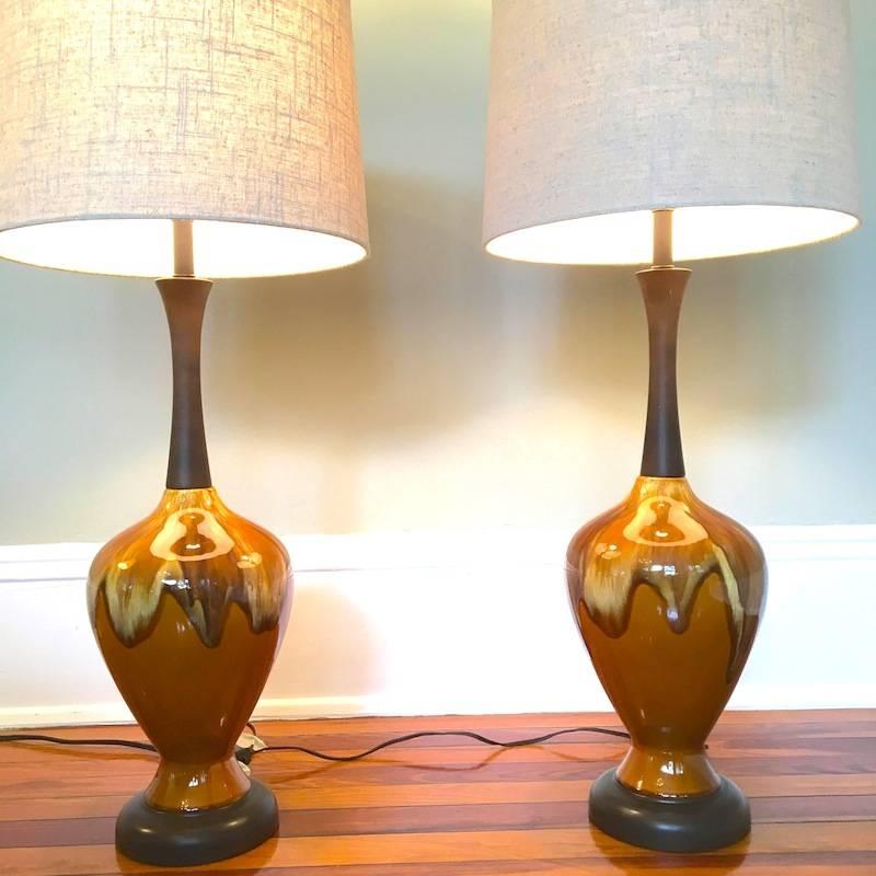 Mid-Century Modern Drip Glaze Lamps Pair with New Drum Shades In Excellent Condition For Sale In Palm Springs, CA