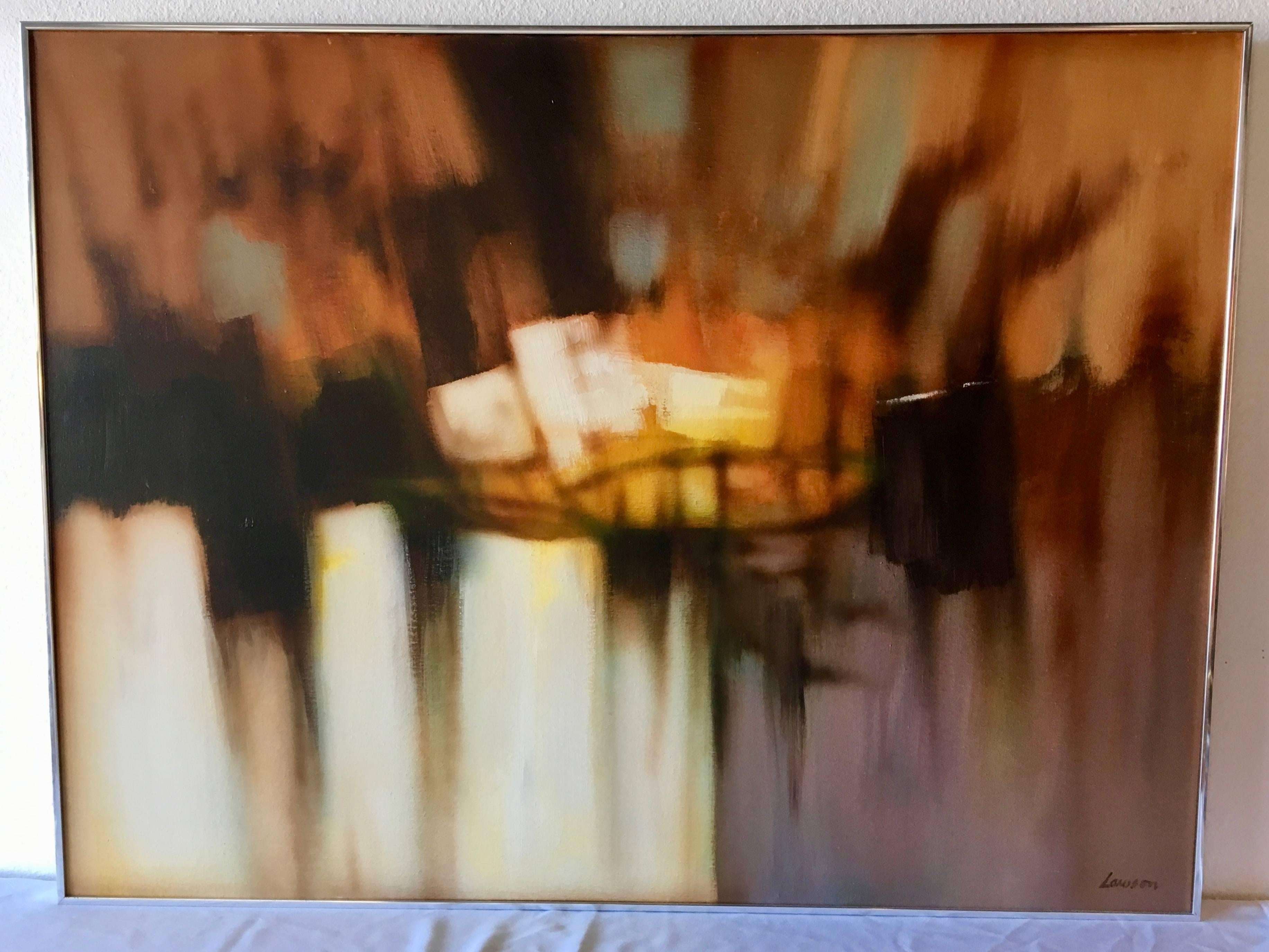 Born in 1920, Robert Lawson worked in oils painting timeless abstracts of which this is exemplary. Muddy colors and an out-of-focus effect define his work. Prolific in the 1950s and 1960s, this piece is circa 1958. Framed in sleek, narrow, chrome.