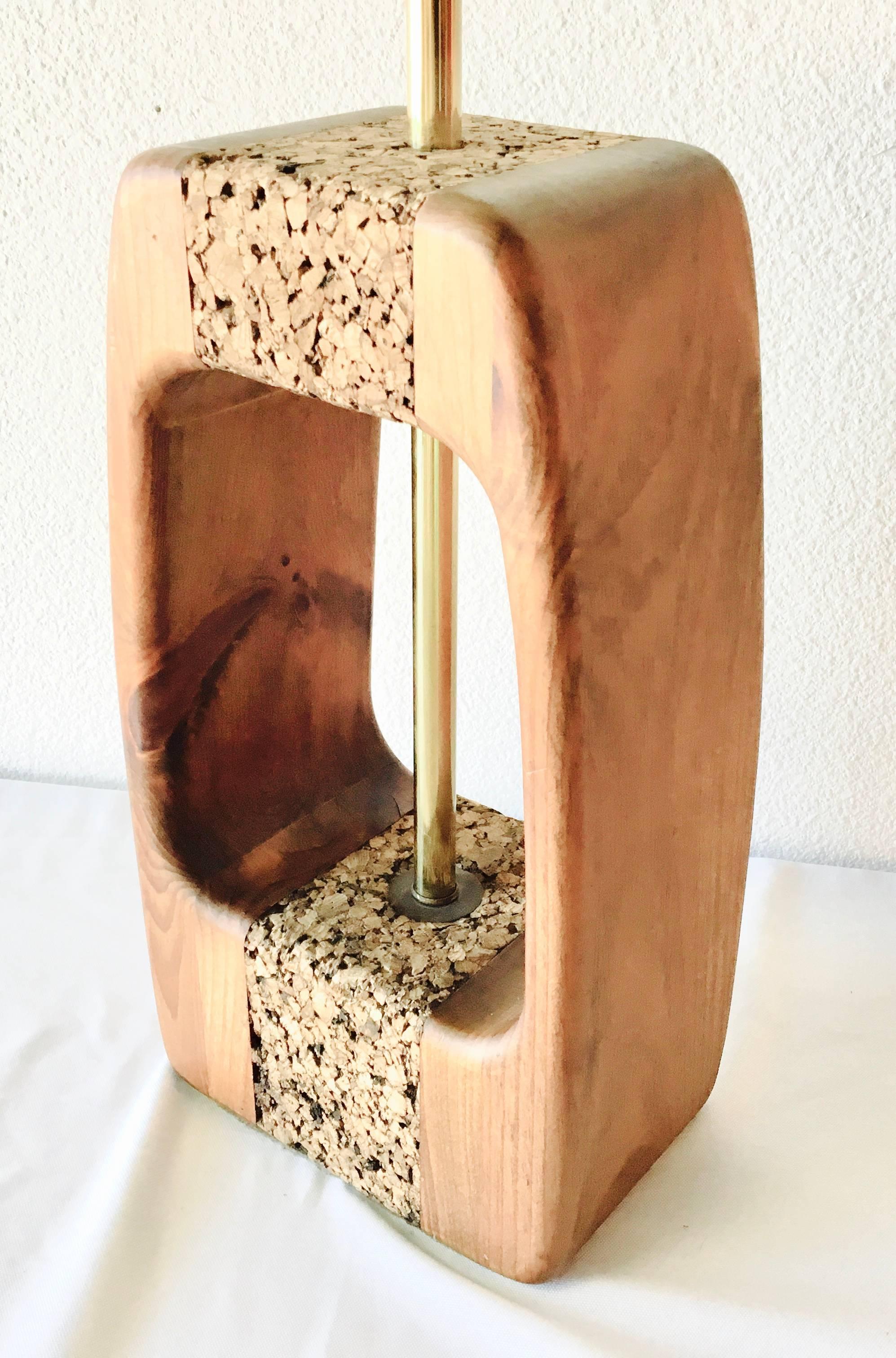 Carved Mid-Century Modern Organic Cork Walnut and Brass Table Lamp For Sale