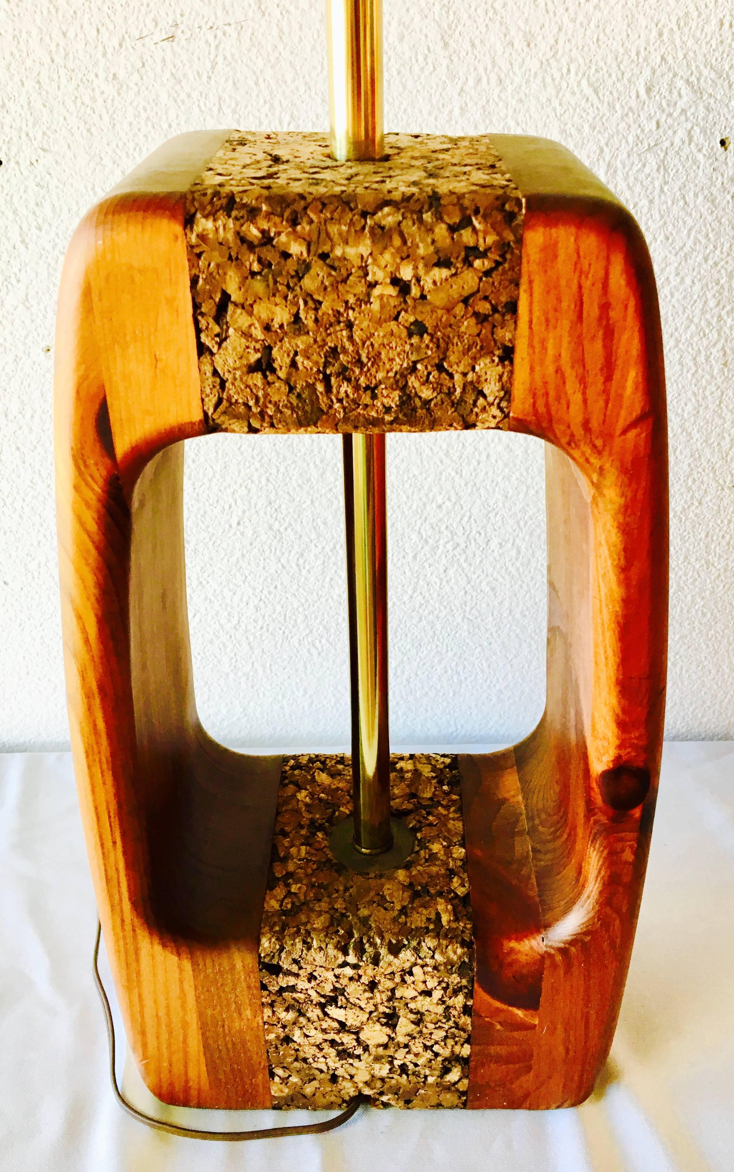 Unknown Mid-Century Modern Organic Cork Walnut and Brass Table Lamp For Sale