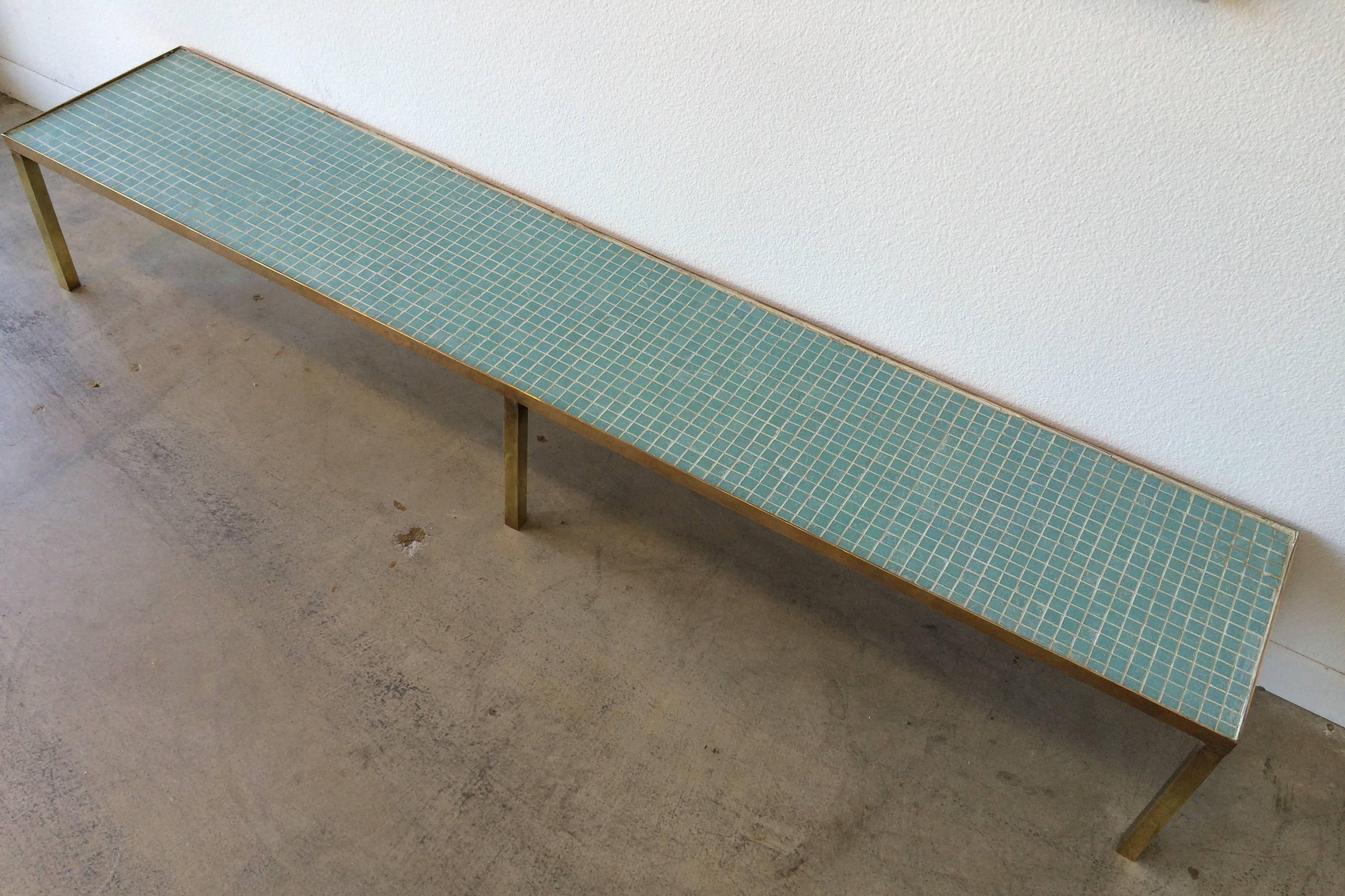 Inlay Mid-Century Modern Brass with Glass Mosaic Tiles Cocktail Table or Bench For Sale