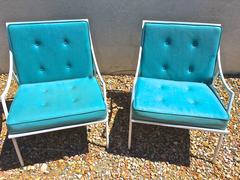 Hollywood Regency Patio Armchairs w/Original Tufted Aqua Leatherette Cushions