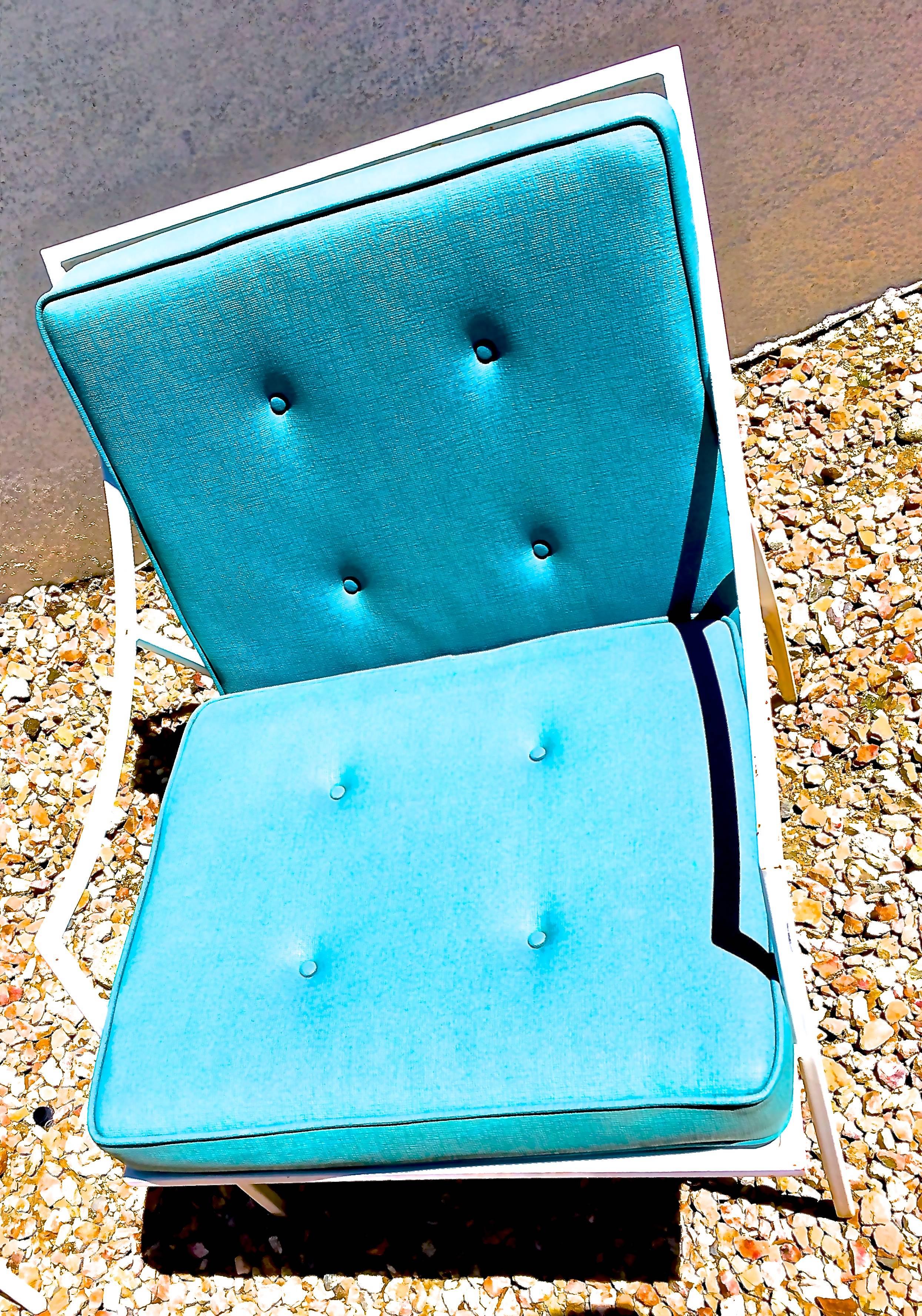 Mid-Century Modern Hollywood Regency Patio Armchairs w/Original Tufted Aqua Leatherette Cushions For Sale