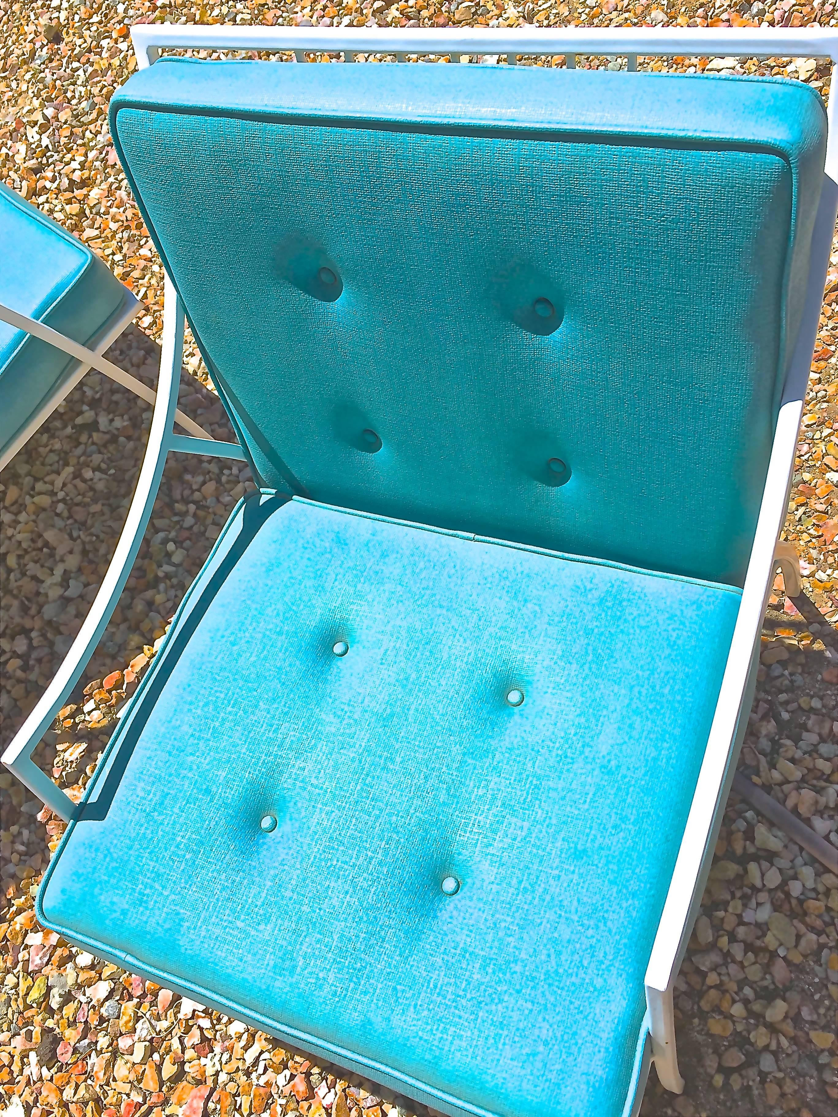 Hollywood Regency Patio Armchairs w/Original Tufted Aqua Leatherette Cushions In Good Condition For Sale In Palm Springs, CA