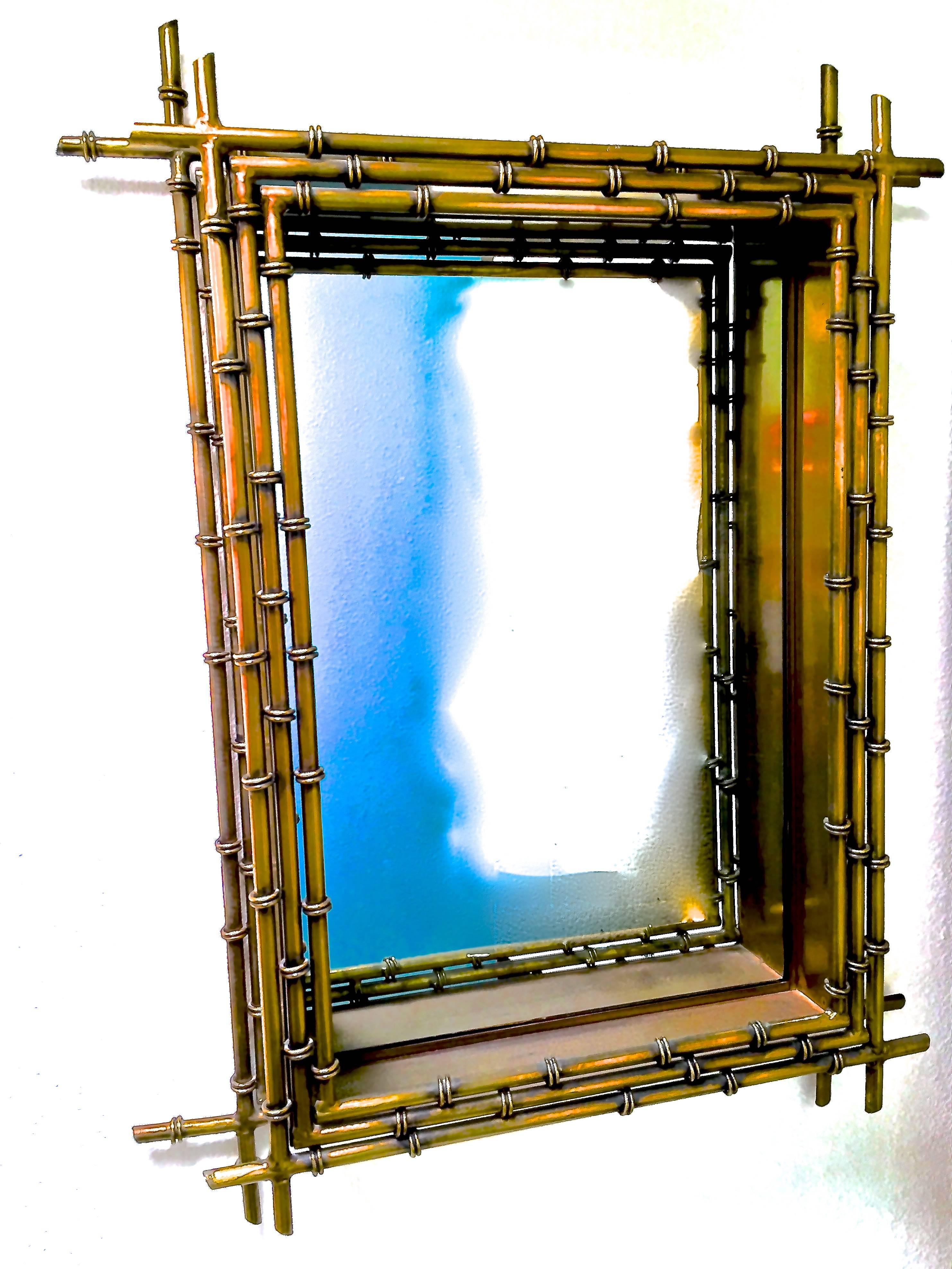 Curtis Jere Signed Faux Bamboo Patinated Brass Shadowbox Mirror 1