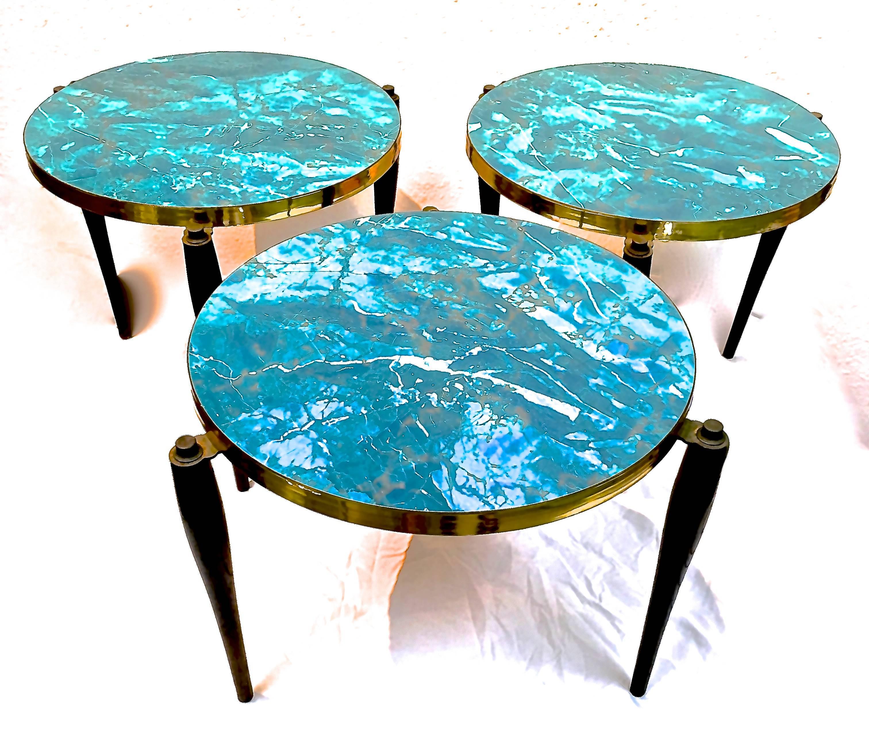 Mid-Century Modern 1950s Stacking Tables in Aqua Laminate with Brass Details