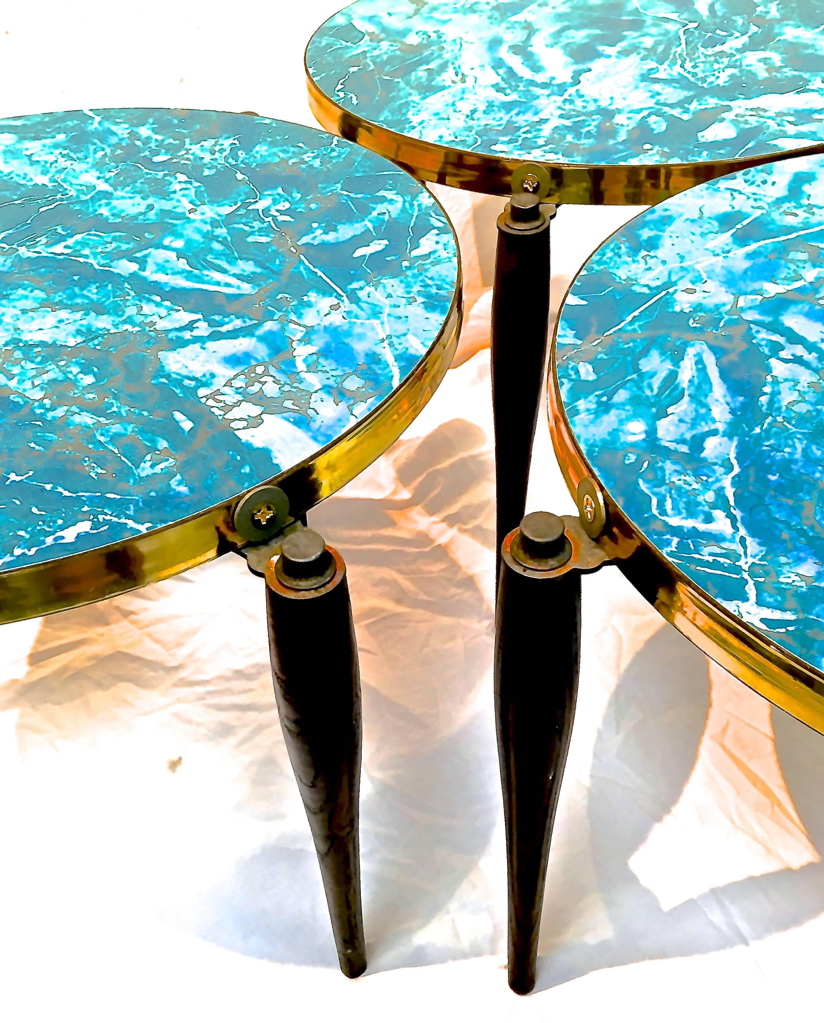American 1950s Stacking Tables in Aqua Laminate with Brass Details