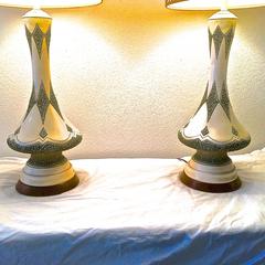Mid-Century Modern Harlequin Pattern Textured Ceramic Genie Bottle Lamp, Pair