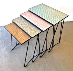 Mid-Century Modern Wrought Iron and Mosaic Tile Nesting Tables