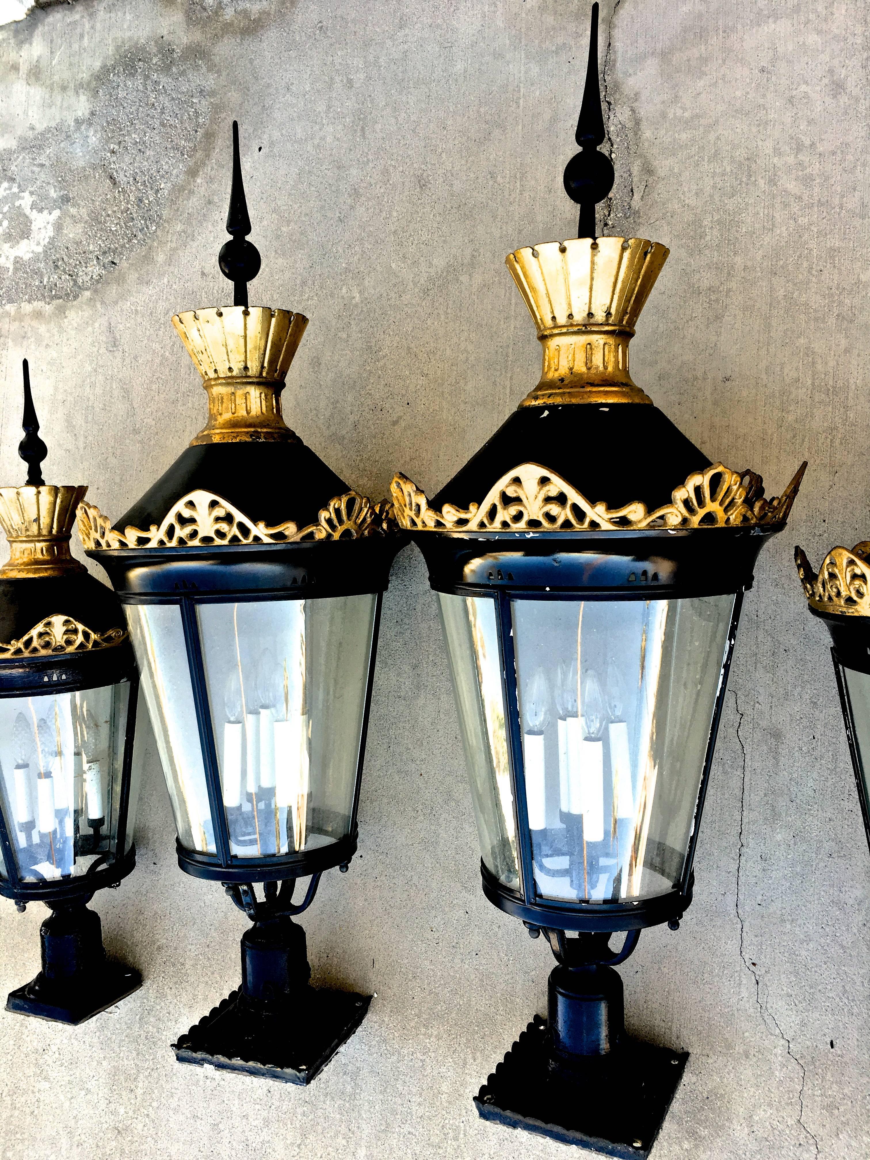 American Regency Antique Post Lanterns in Metal & Glass w/Candelabra Lights, Set of Four