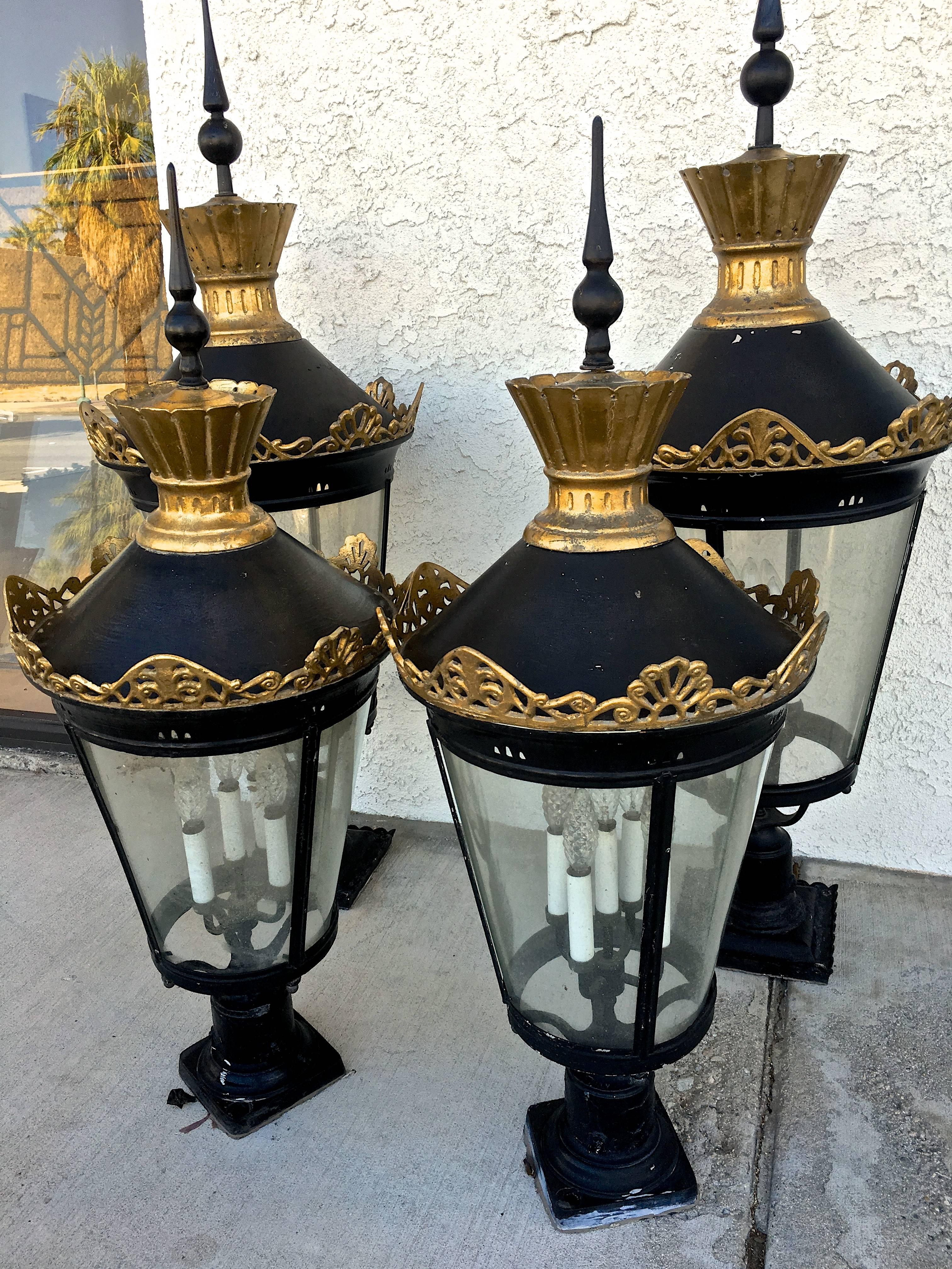 Gilt Regency Antique Post Lanterns in Metal & Glass w/Candelabra Lights, Set of Four