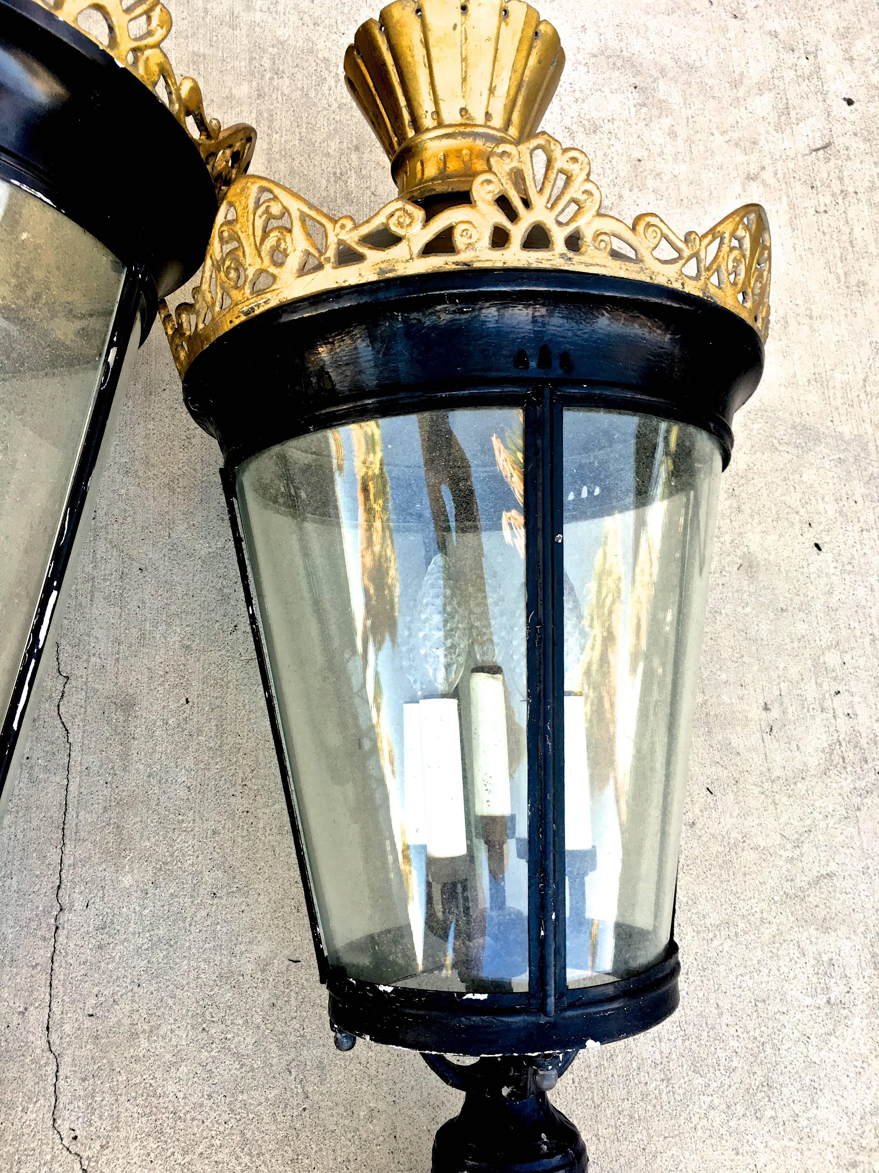 20th Century Regency Antique Post Lanterns in Metal & Glass w/Candelabra Lights, Set of Four
