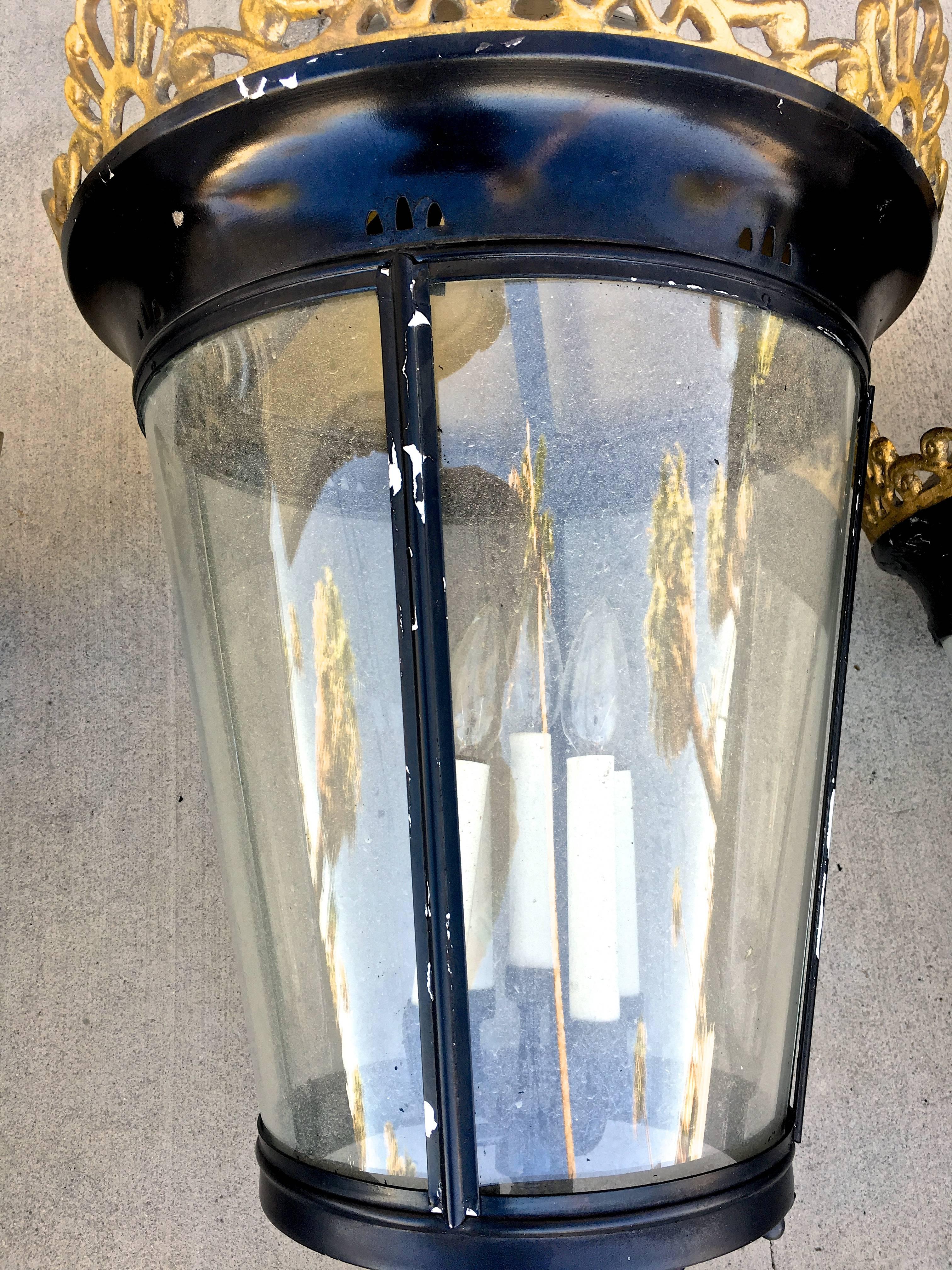 Regency Antique Post Lanterns in Metal & Glass w/Candelabra Lights, Set of Four 3