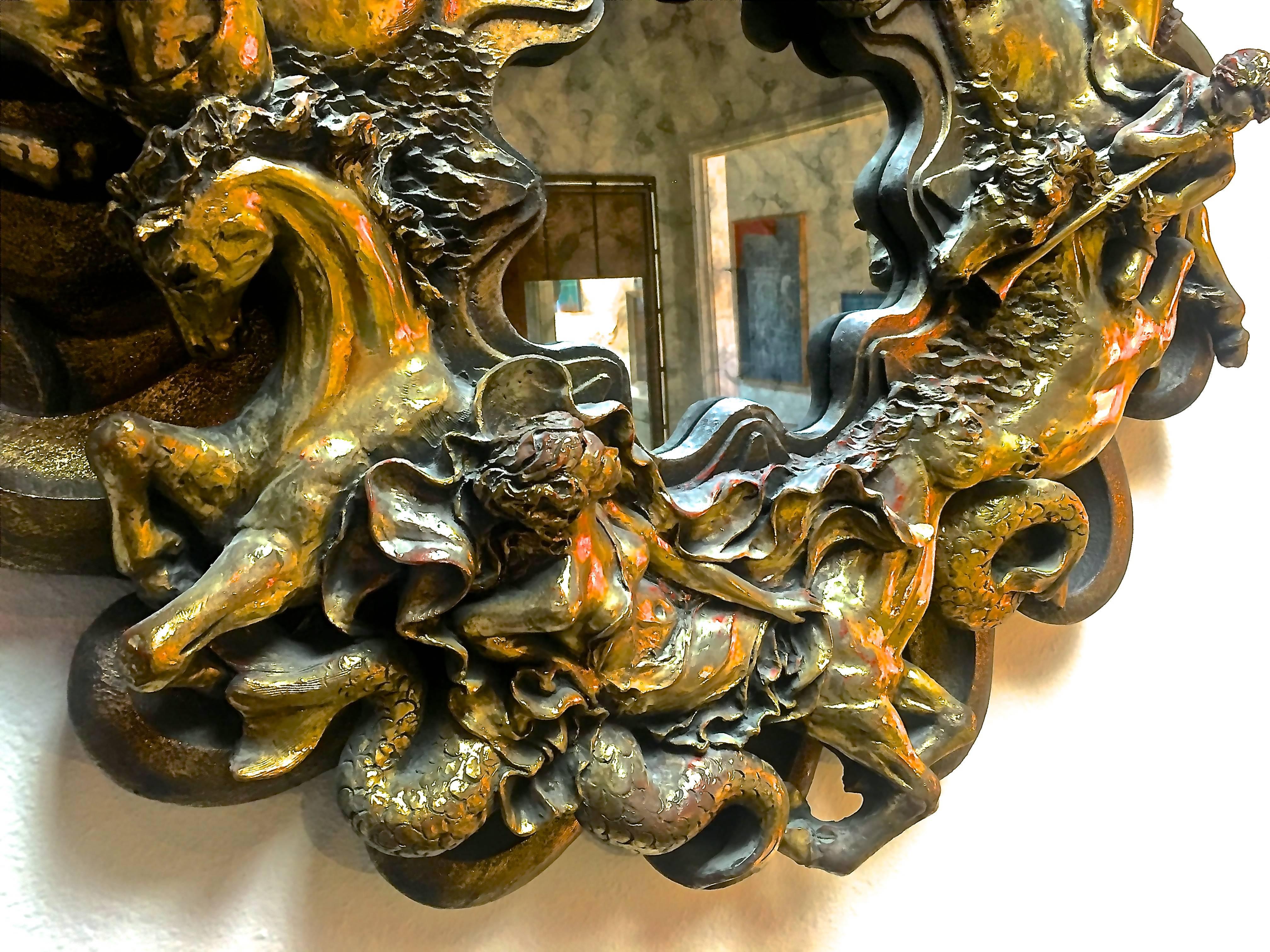 American Poseidon-Themed Substantial Sculptural Brutalist Mirror