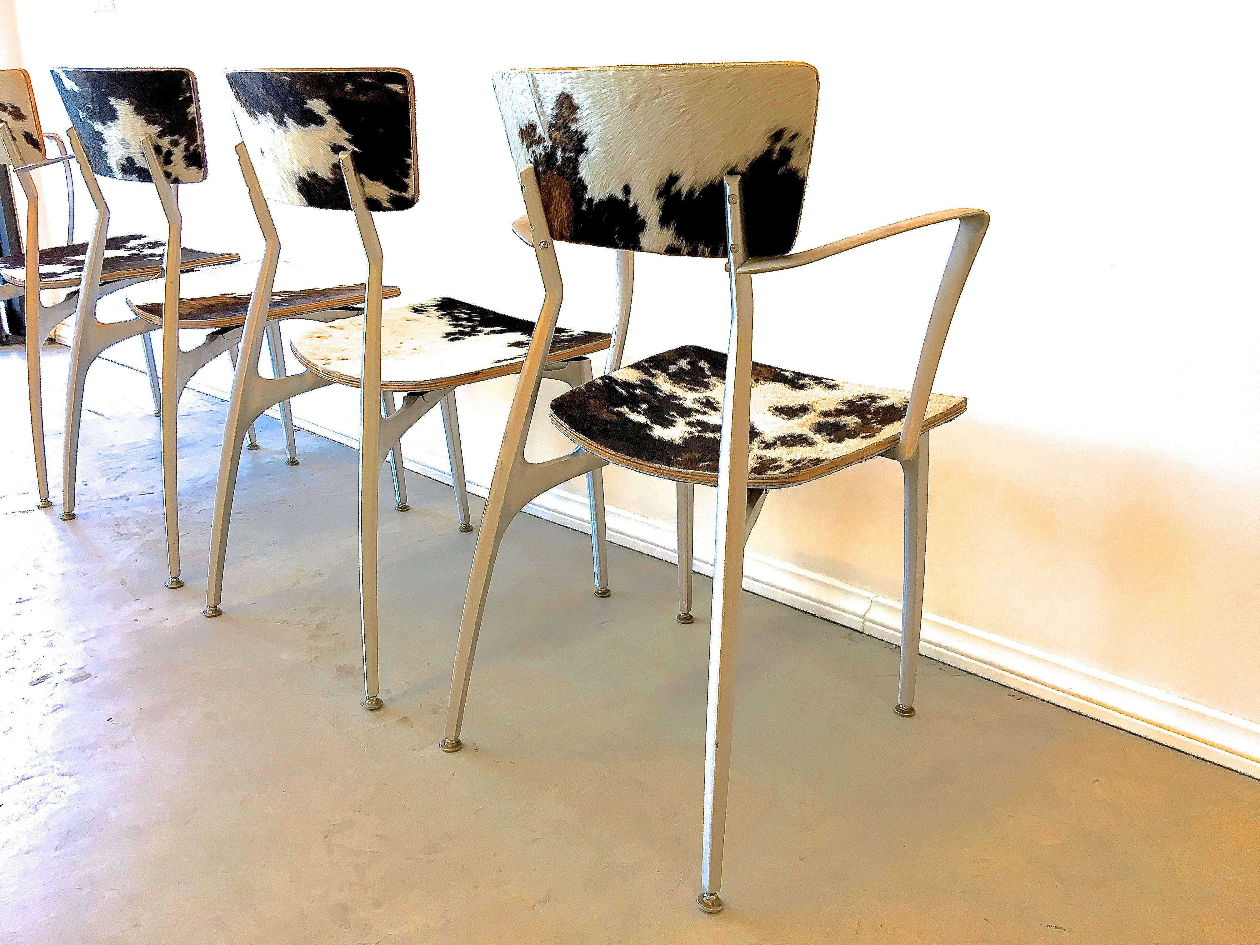 American Mid-Century Modern Sand-Cast Aluminum Set of Four Chairs in Cowhide Upholstery