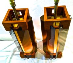 Architectural Pair of Mid-Century Modern Smoked Lucite, Walnut and Brass Lamp