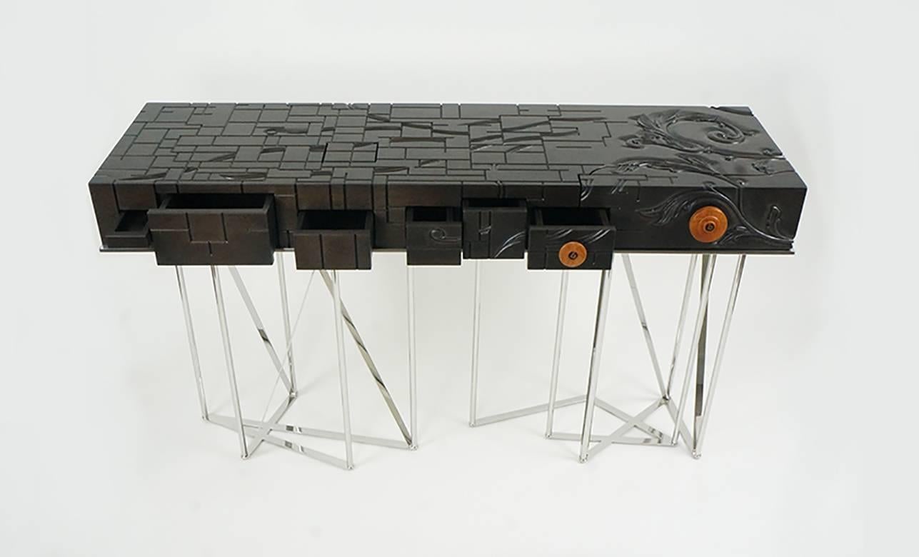 Post-Modern Mondrian Meets Gaudi Mahogany and Stainless Steel Console For Sale