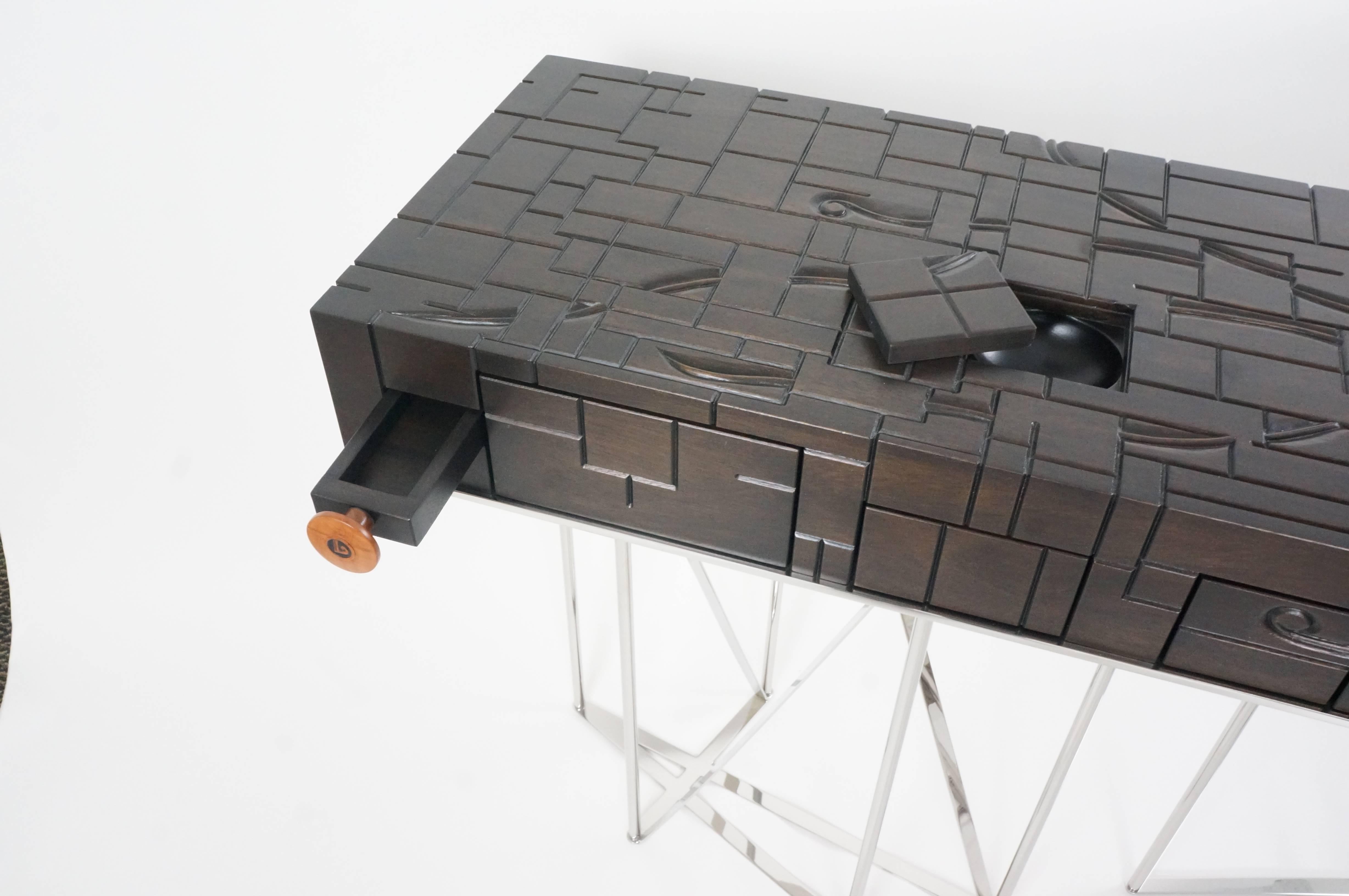 American Mondrian Meets Gaudi Mahogany and Stainless Steel Console For Sale